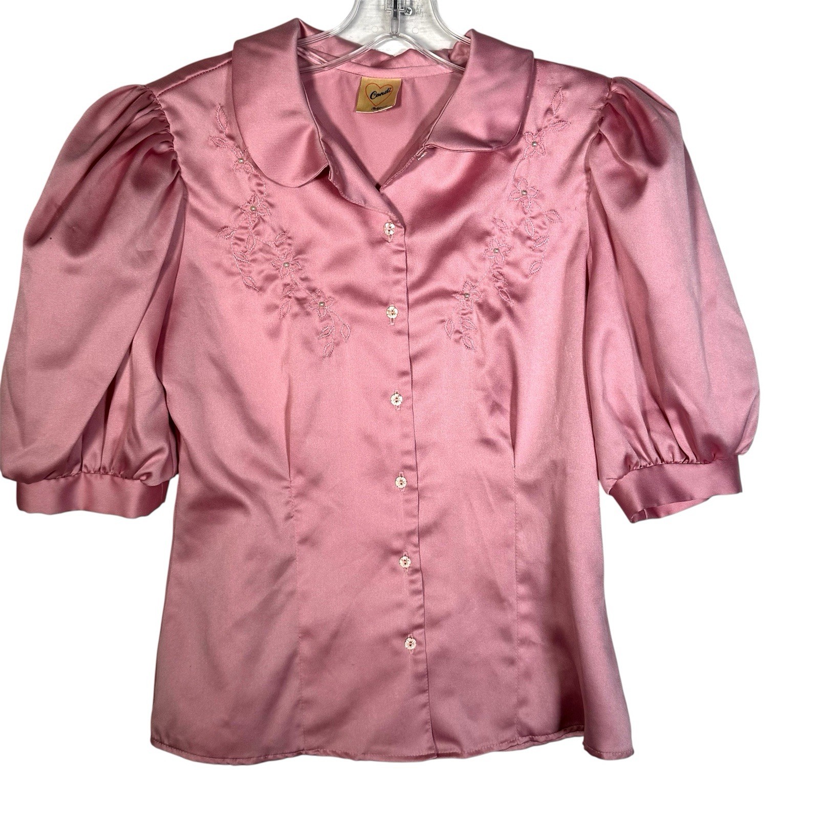 Vintage 70s CANDI Jones California Pink Puff Sleeve Blouse Embroidered Beaded M
