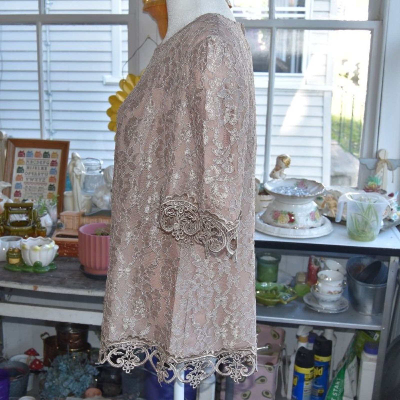 Vintage Cachet Lace Blouse Brown Sheer Evening Top Romantic Boho XL