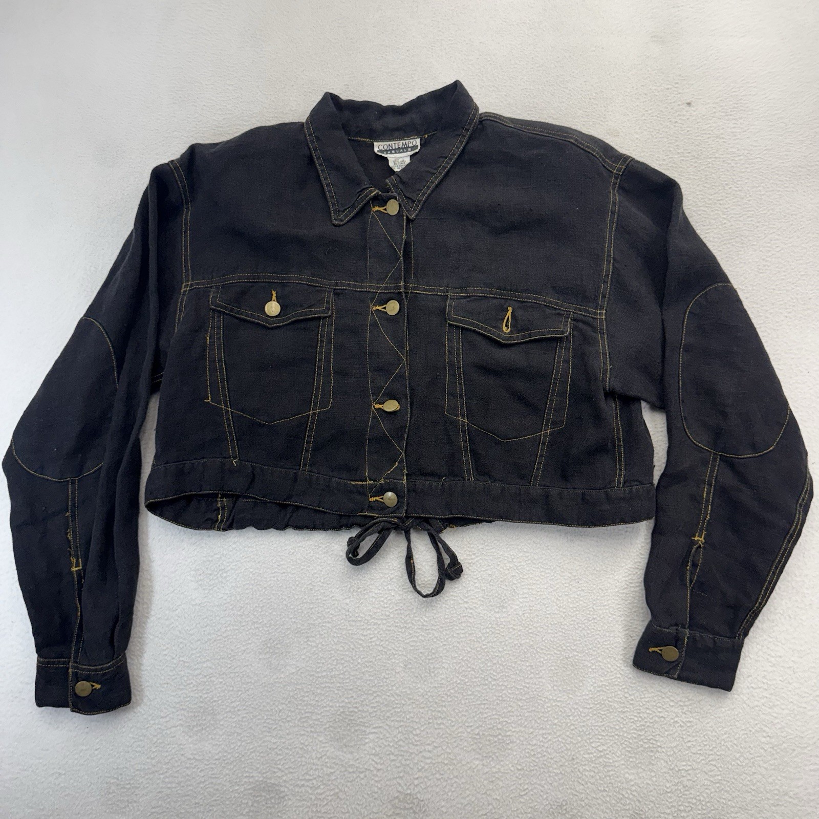 Vintage 80s 90s Contempo Casuals Black Contrast Stitch 100% Linen Jacket Sz M