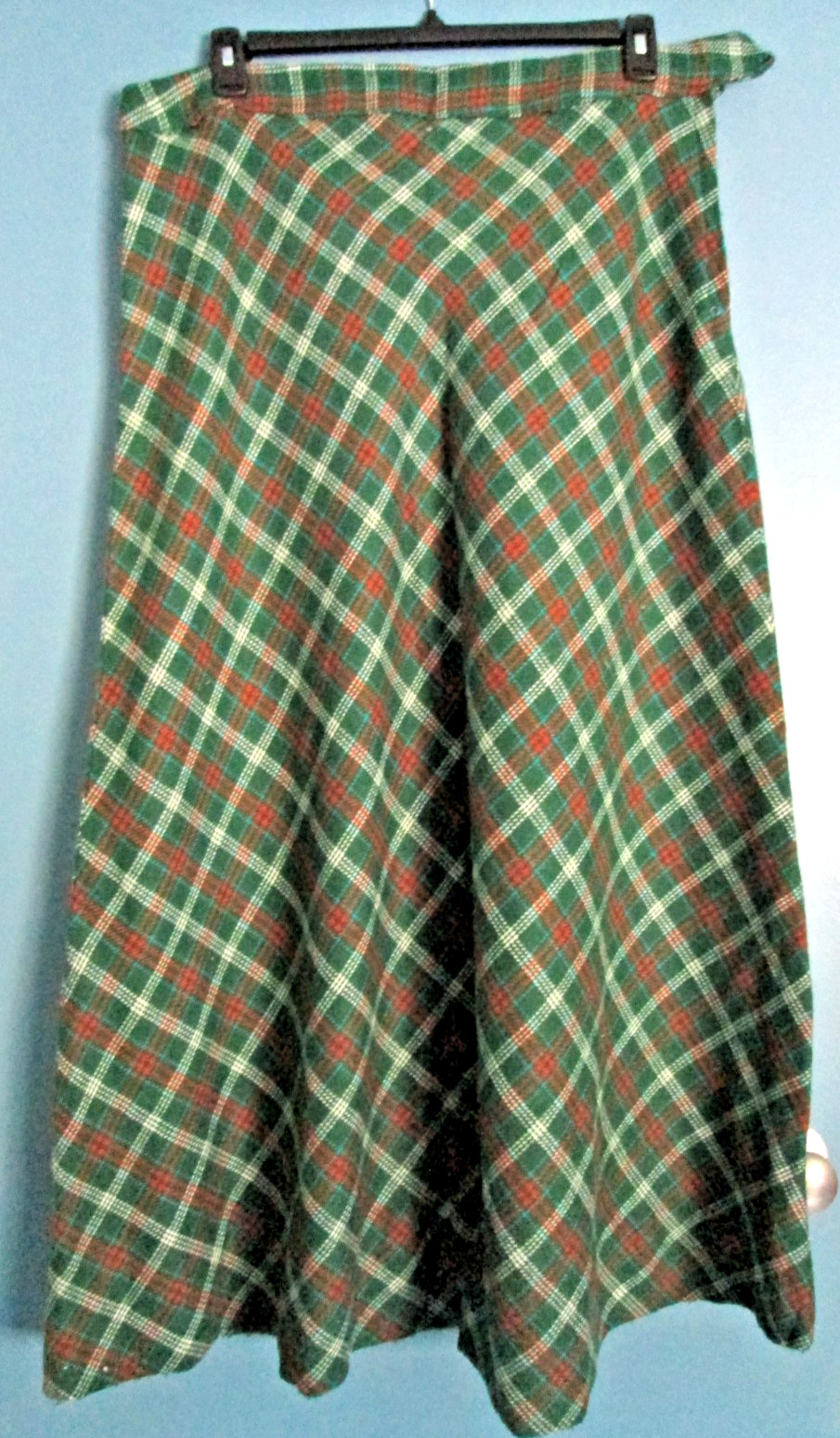 Vintage 1970s Wool Maxi Skirt Green plaid homemade never worn 38″x41″ w/4″ hem