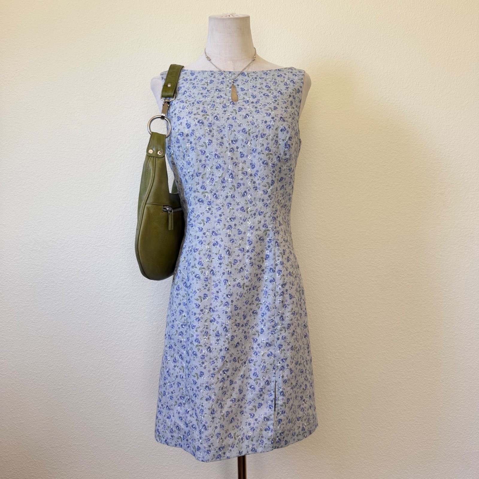 Vintage Blue Floral Cottagecore Dress Embroidered Sleeveless Midi 7/8 Side Slit