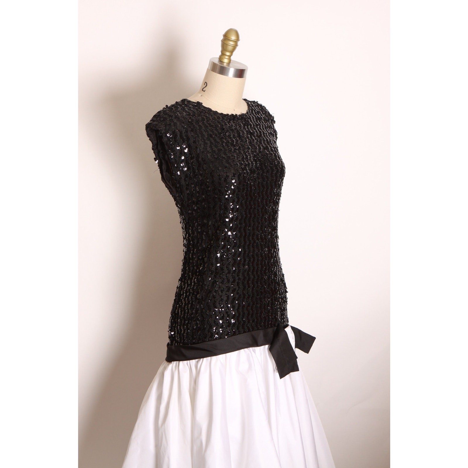 1980s Black White Sequin Asymmetrical Formal Dress by Precious Moments