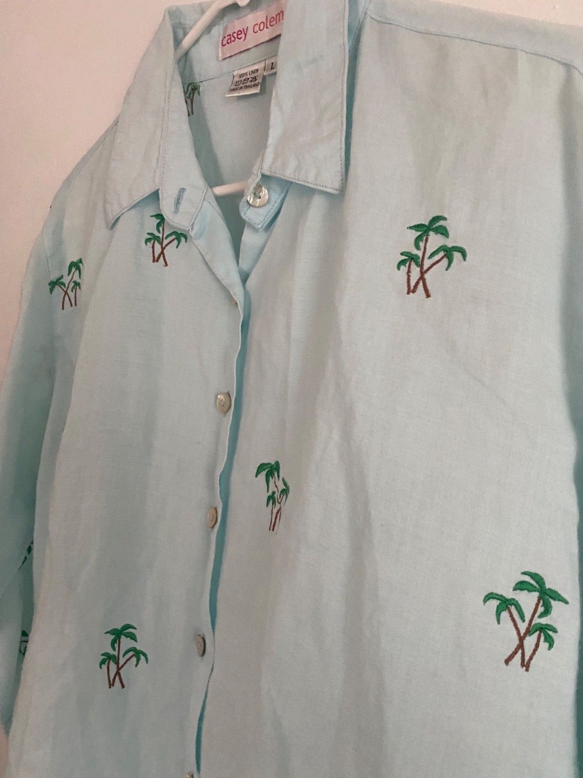 Vintage Casey Coleman Women’s Blue Linen Shirt With Palm Tree Embroidery Size L