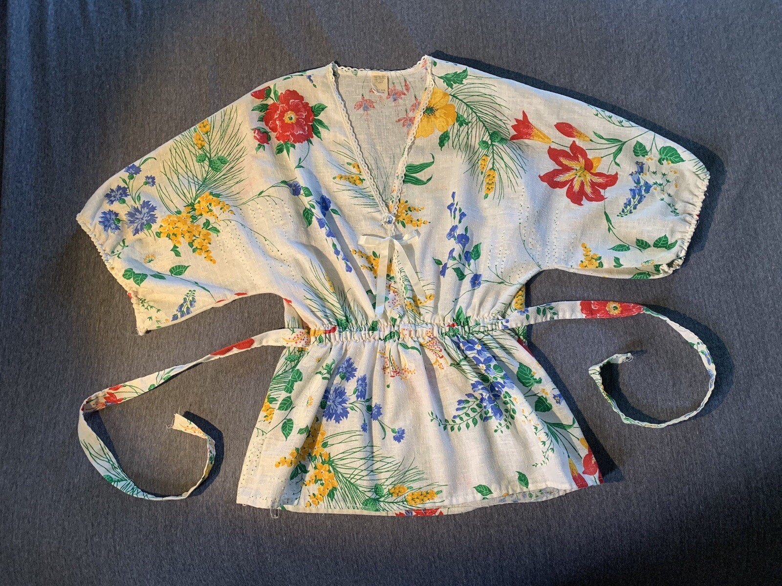 Vintage 70s Botanical Print Peasant Blouse Cotton Gauze Linen Boho Hippy Kimono