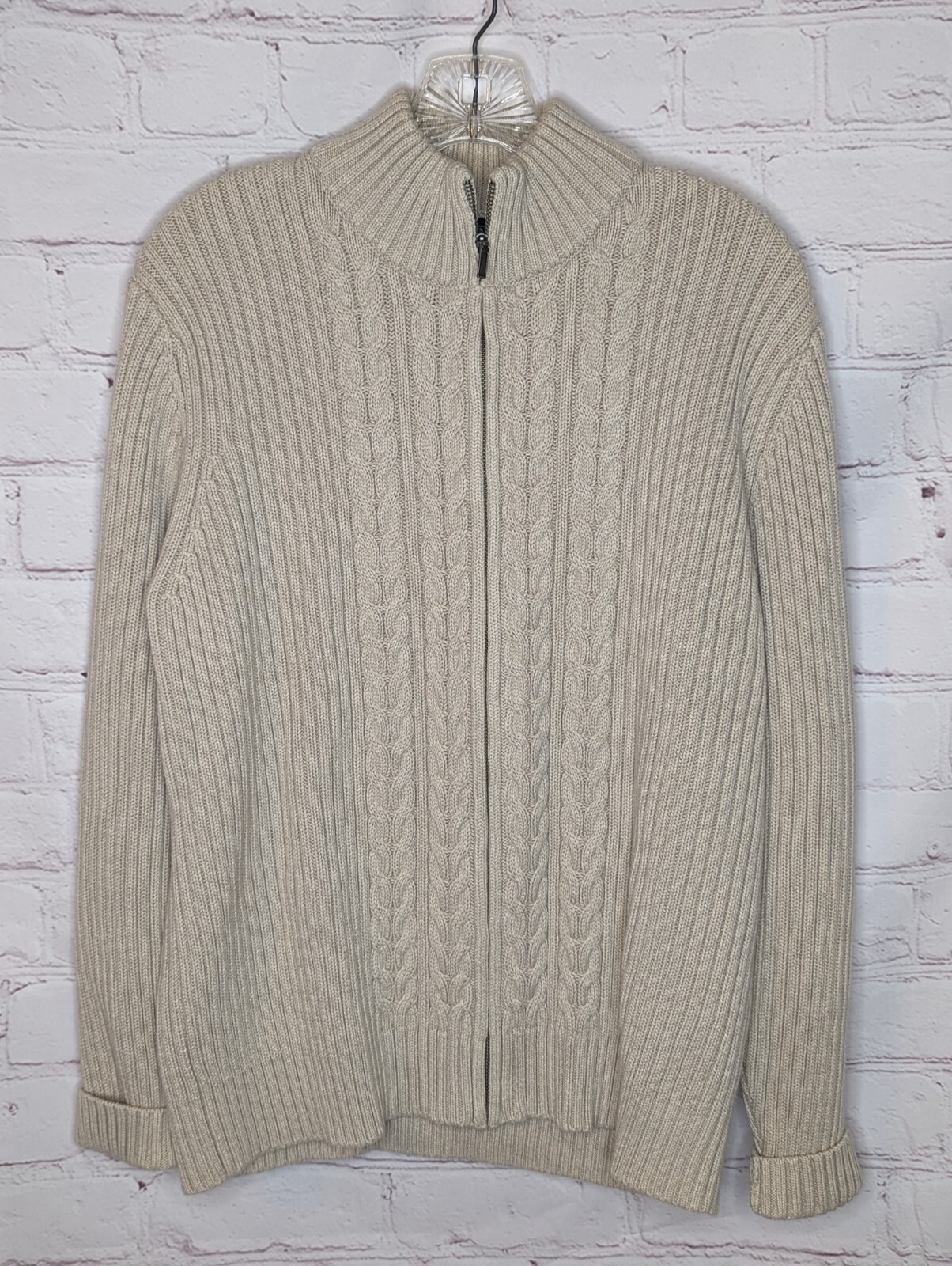 90s Lands End Cable Knit Full Zip Sweater Women’s 100% Cotton Large 14-16 Beige