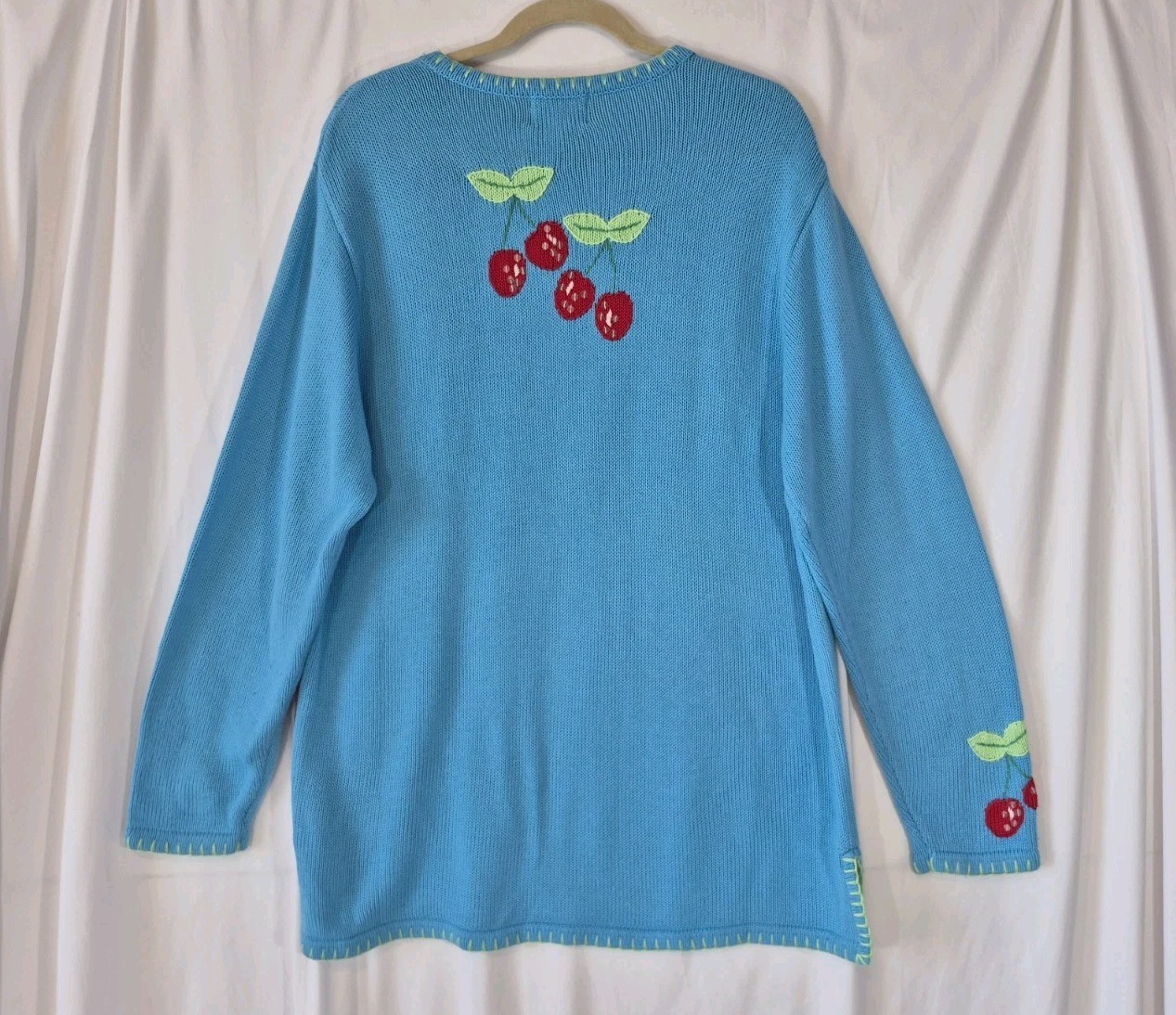 Vintage The Quacker Factory Blue Red Cherry Embroidered Pullover Sweater Large