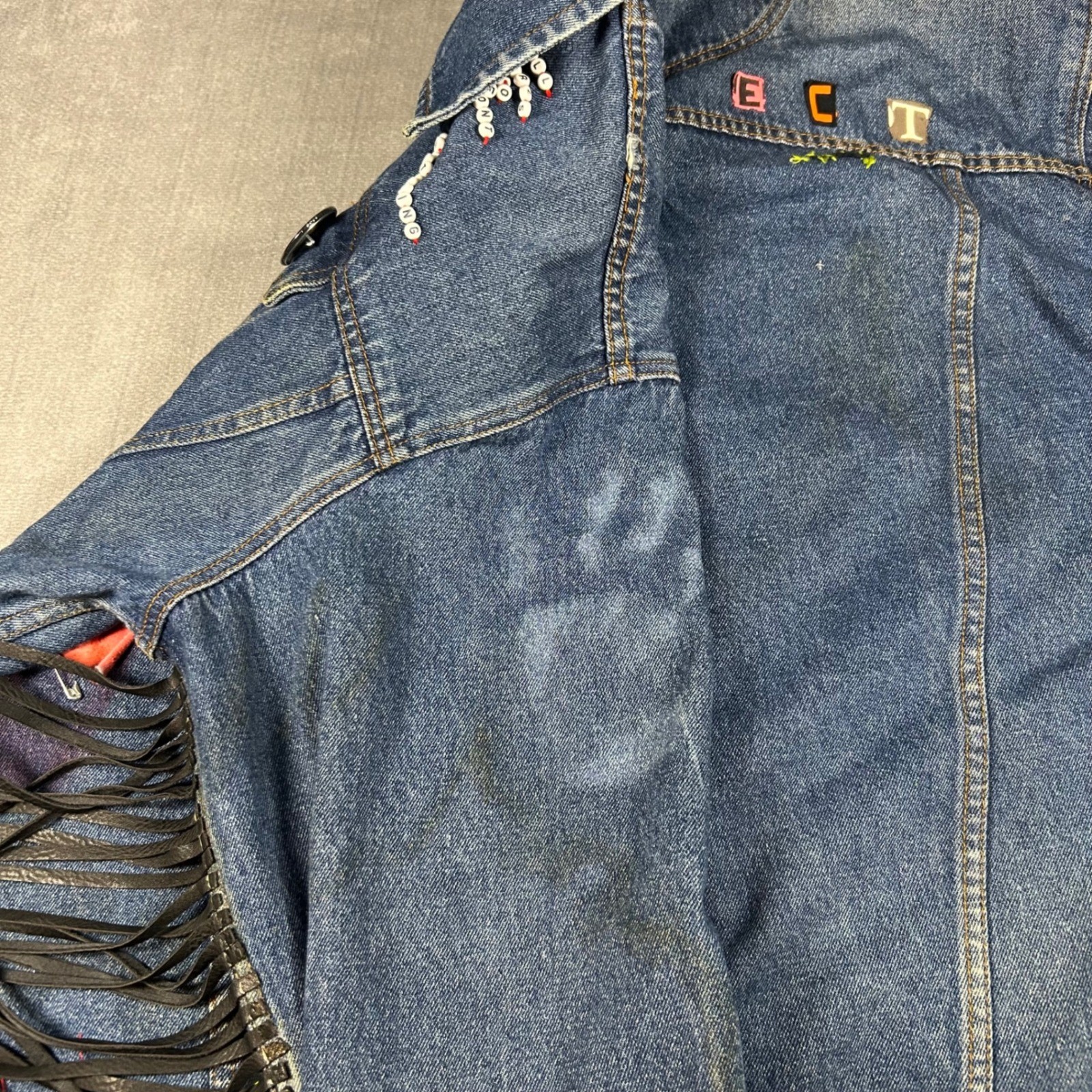 Denim Gear DIY Punk Custom Fringe Jean Jacket XXL Blue Distressed Eat The Rich