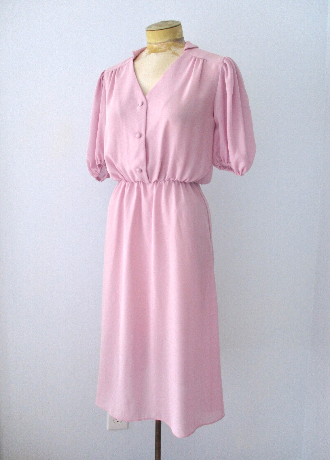Vtg 70s Lilac Purple Sheer Poly Chiffon Shirtwaist Secretary Dress Puff Sleeve 8