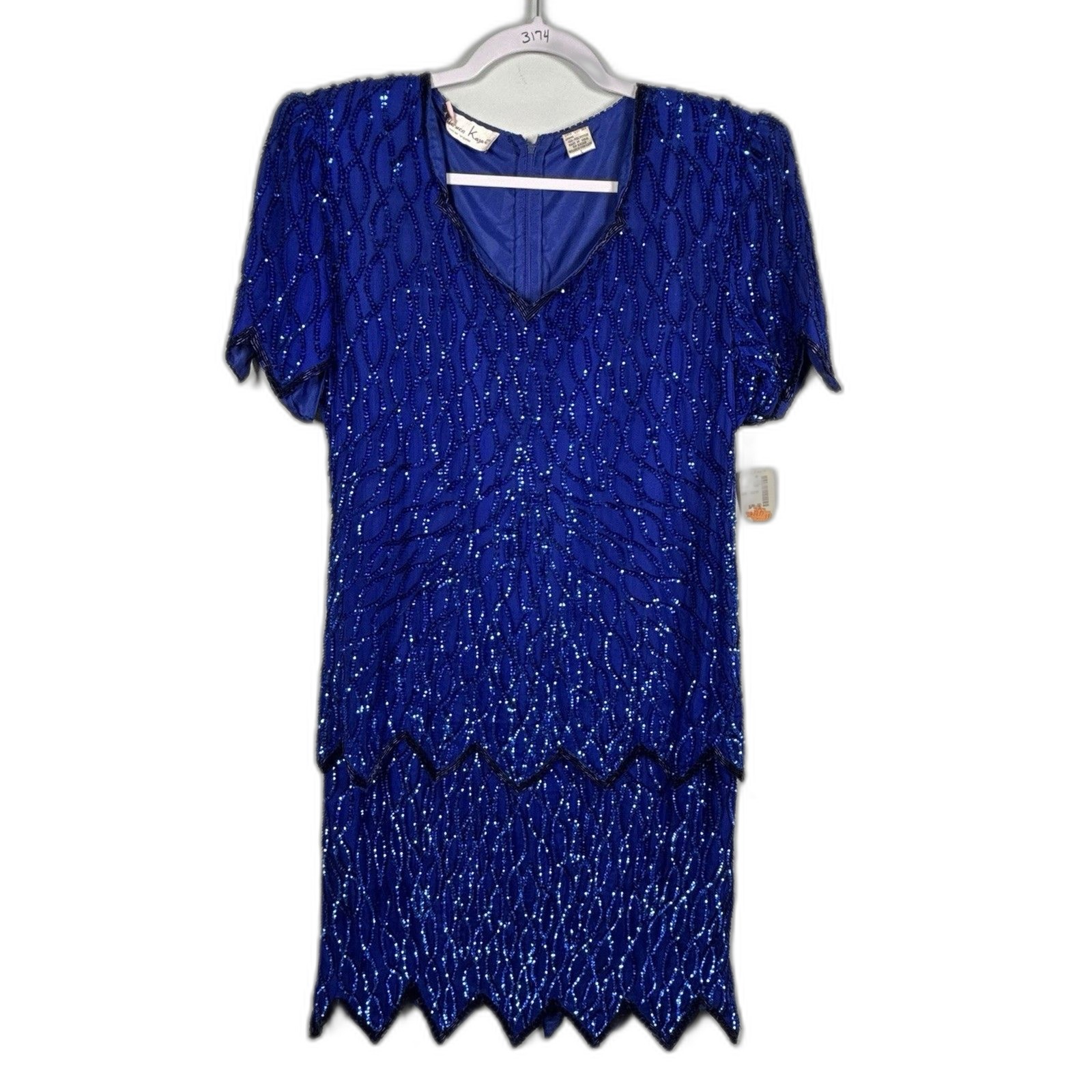 Lawrence Kazar Blue Sequin Dress Vintage, 100% Silk, Size L Blue Scalloped Hem
