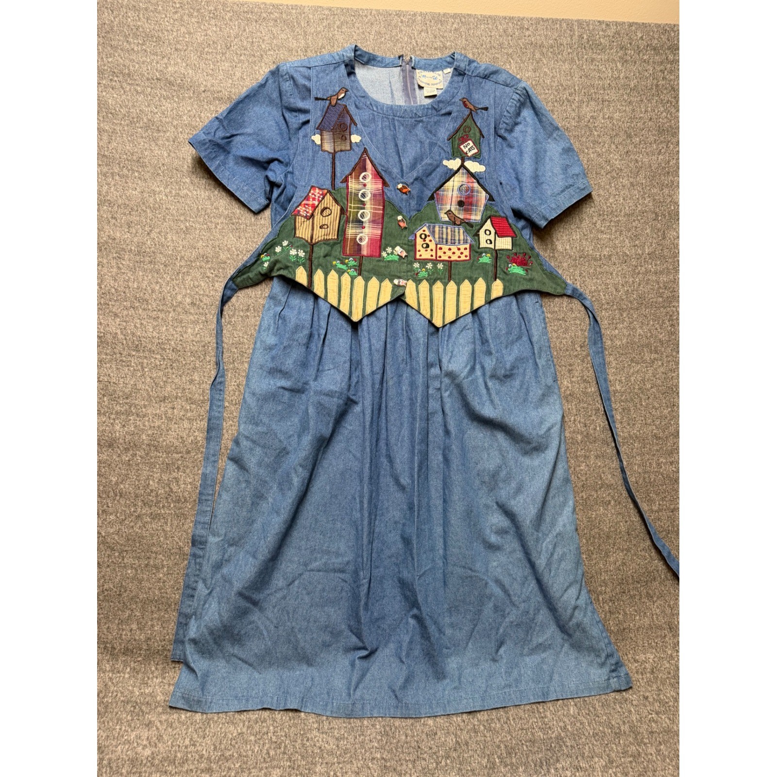Country Wear Petite Denim Birdhouse Applique Dress Blue Cotton Vintage 12P