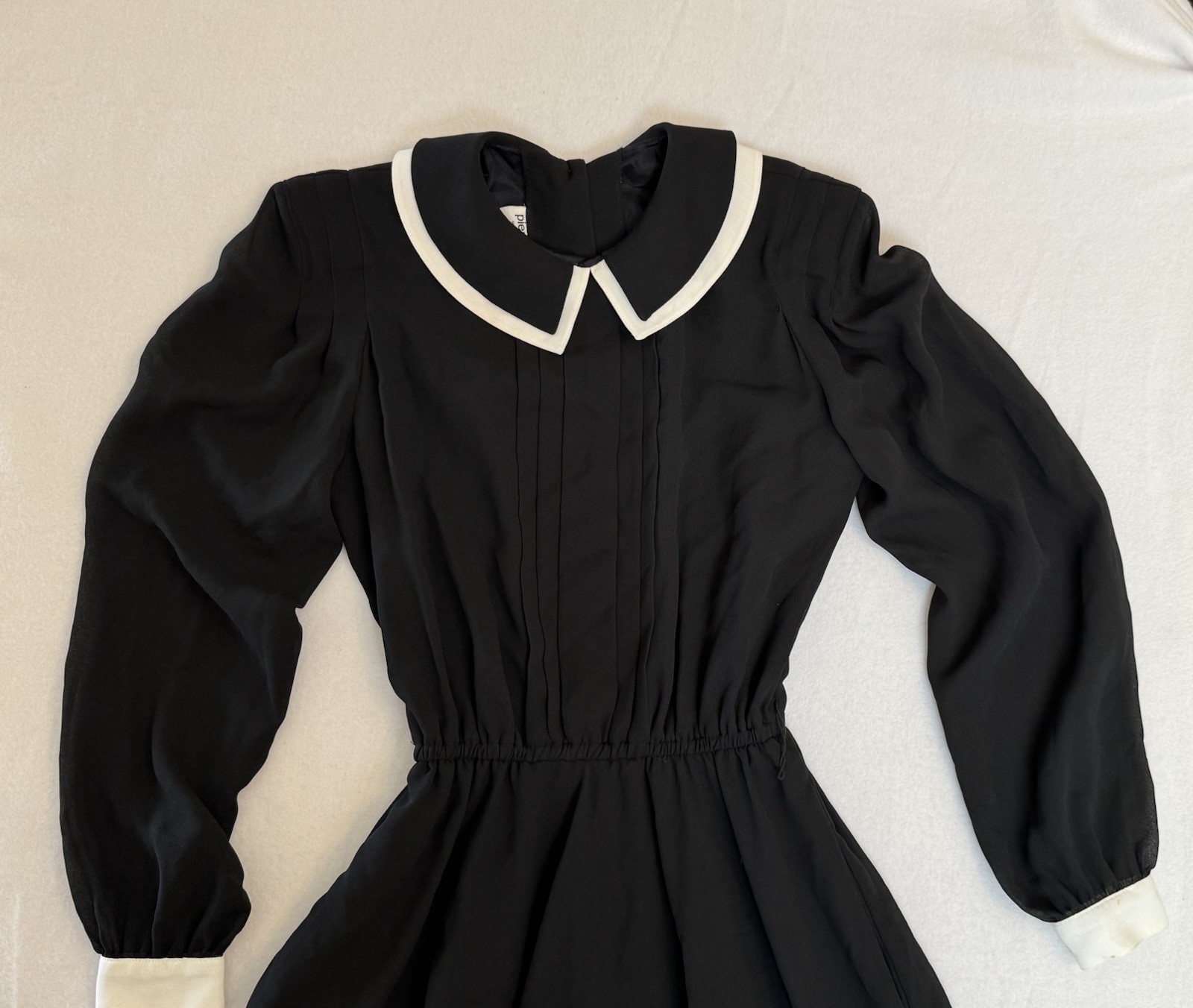 Vintage Pierre Cardin Boutique Black White Crepe Midi Dress Peter Pan Collar 8