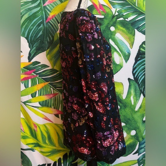 Vintage 80s Womens Party S 100% Silk Black Red Pink Floral Beaded Sequin Blouse