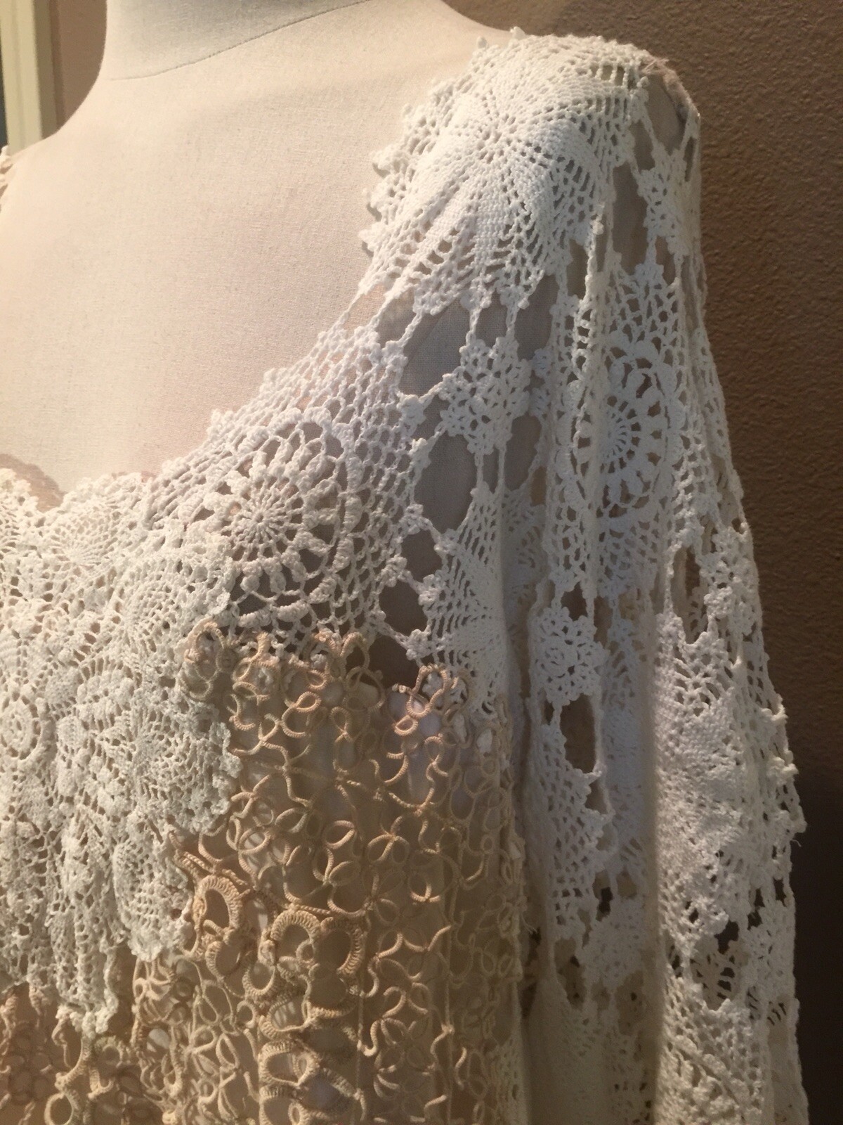 Antique Vtg Handmade M White Crochet Tatted Lace Coquette Top Blouse