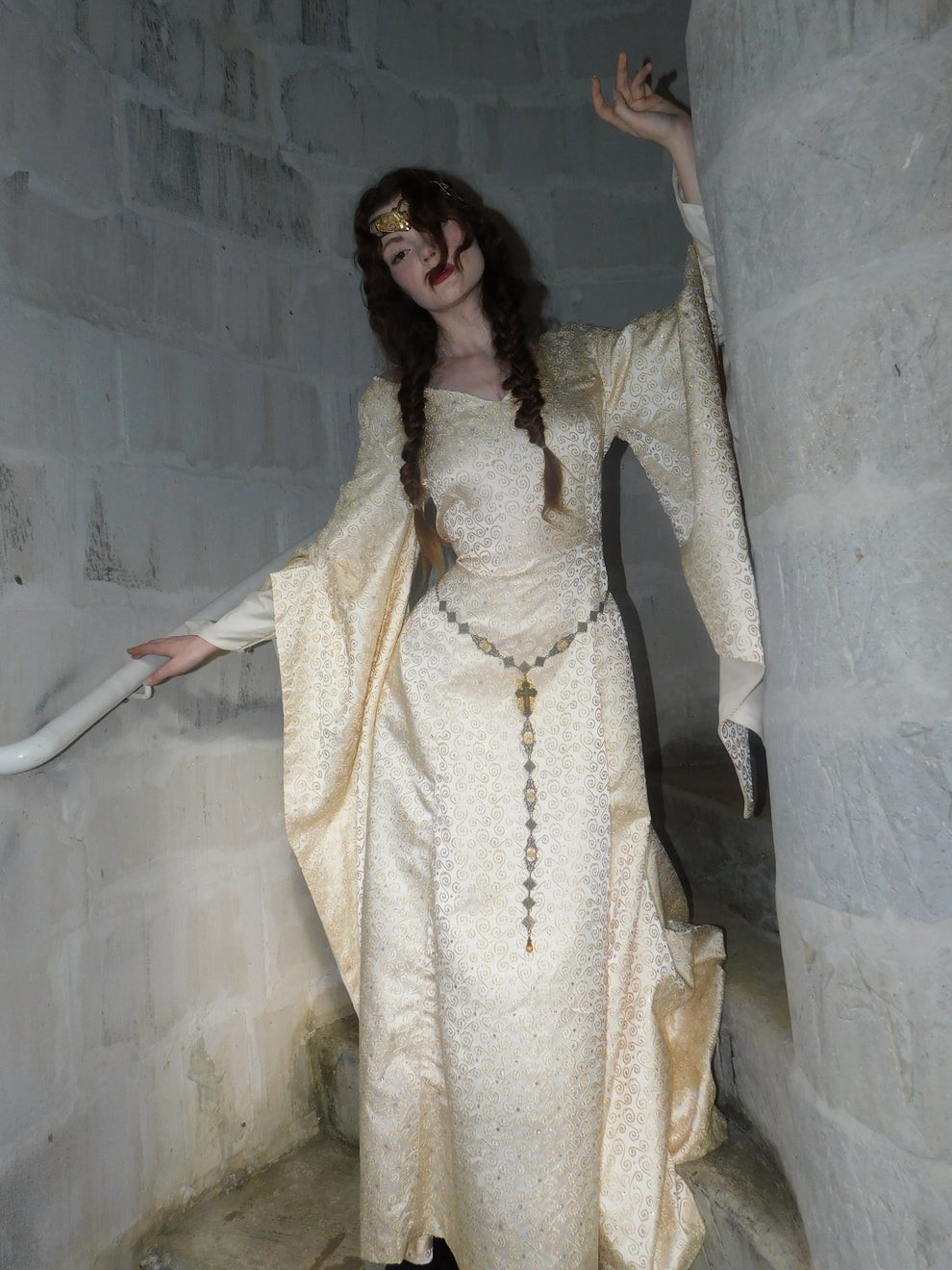 1930s Vintage Spanish Silk Gold Embroidered Medieval Brocade Gown