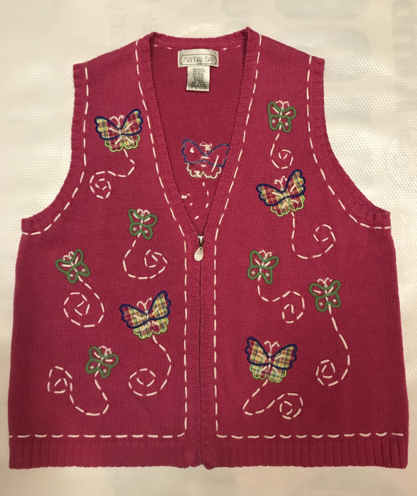 Mandal Bay Pink Sweater Vest Butterflies Sz M Ramie Cotton Vintage