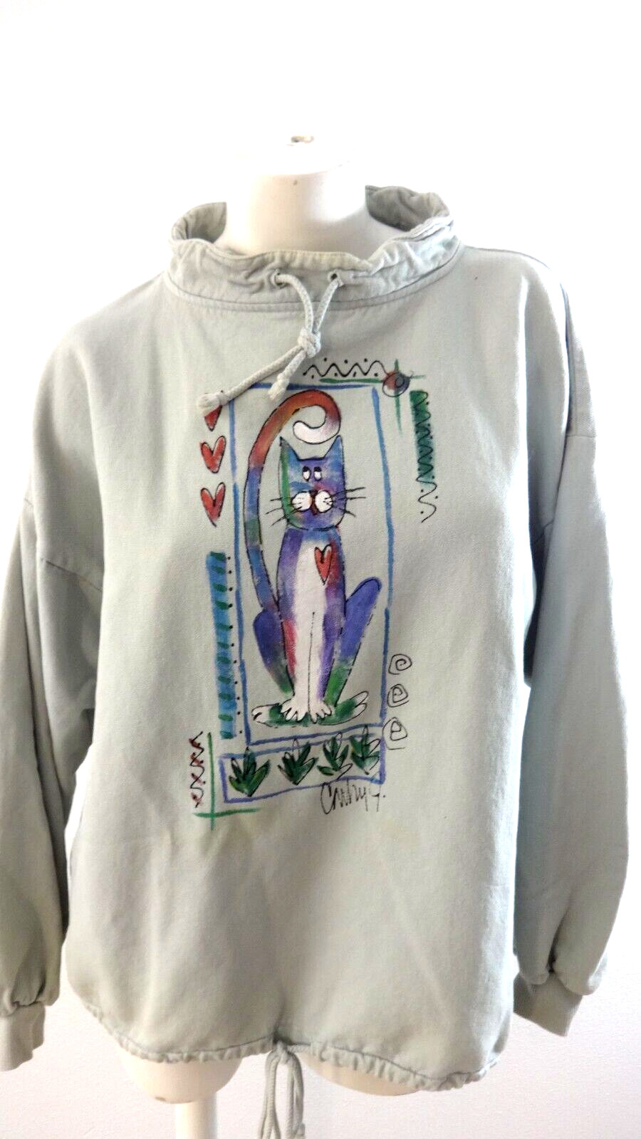 WEK WOMEN’S VINTAGE COTTON CANVAS CAT THEMED SHIRT SIZE L