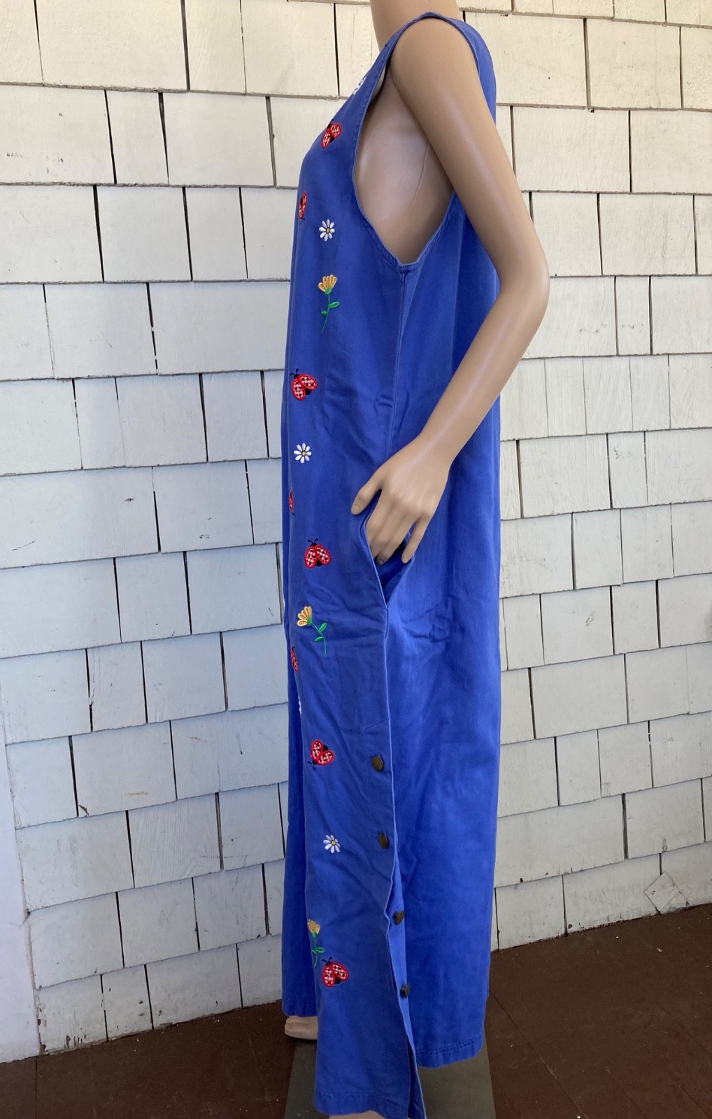 Vintage Boho Mandal Bay Maxi Dress with Embroidered Flowers Ladybugs Size Large