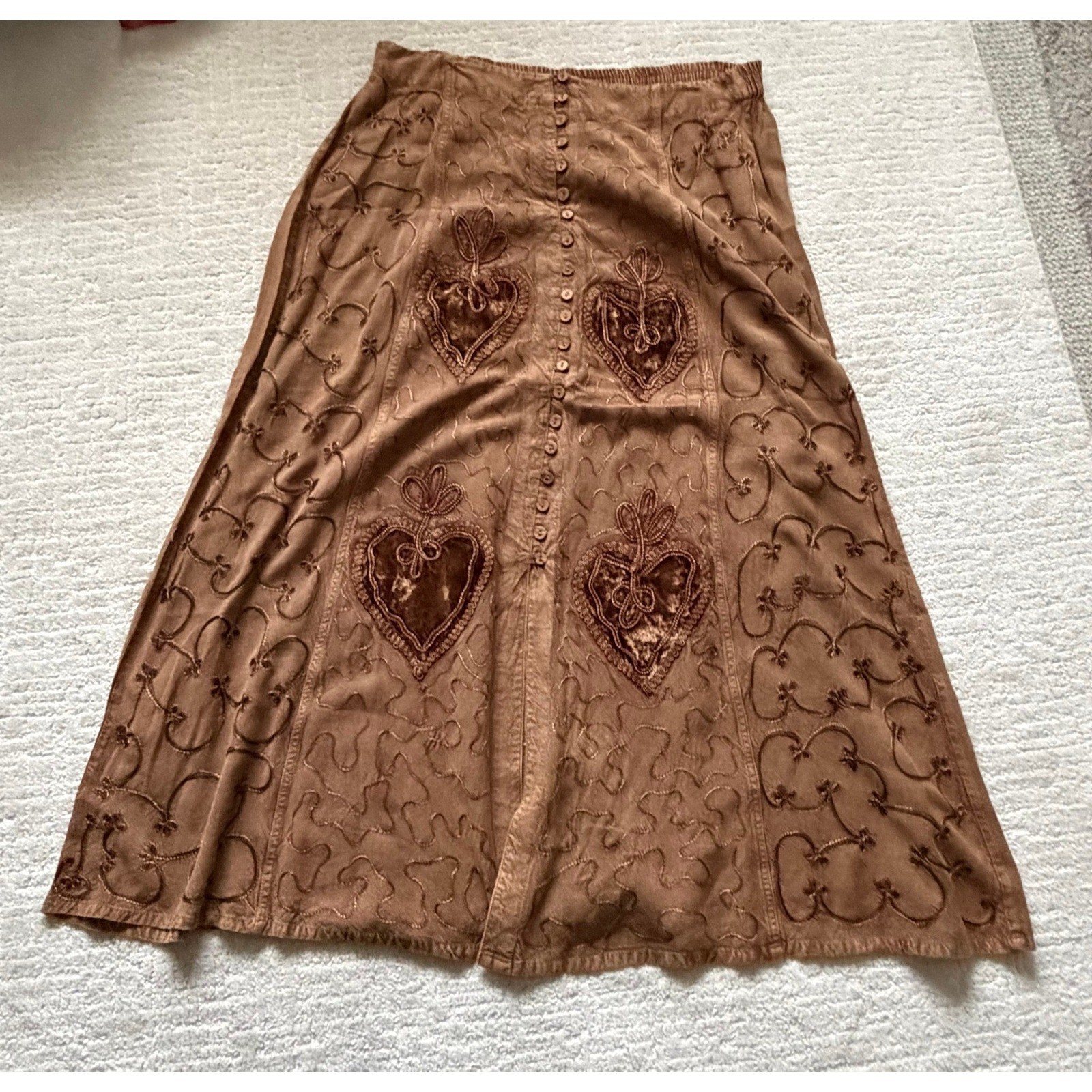 Vintage 90s Sportique Brown Rayon Embroidered Velvet Heart Skirt and Top Set LG