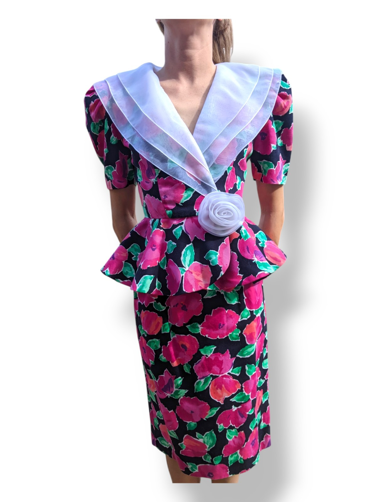 Vtg Leslie Fay 80s Peplum Jacket Top Chiffon Collar Rose Floral Easter Suit Sz 4