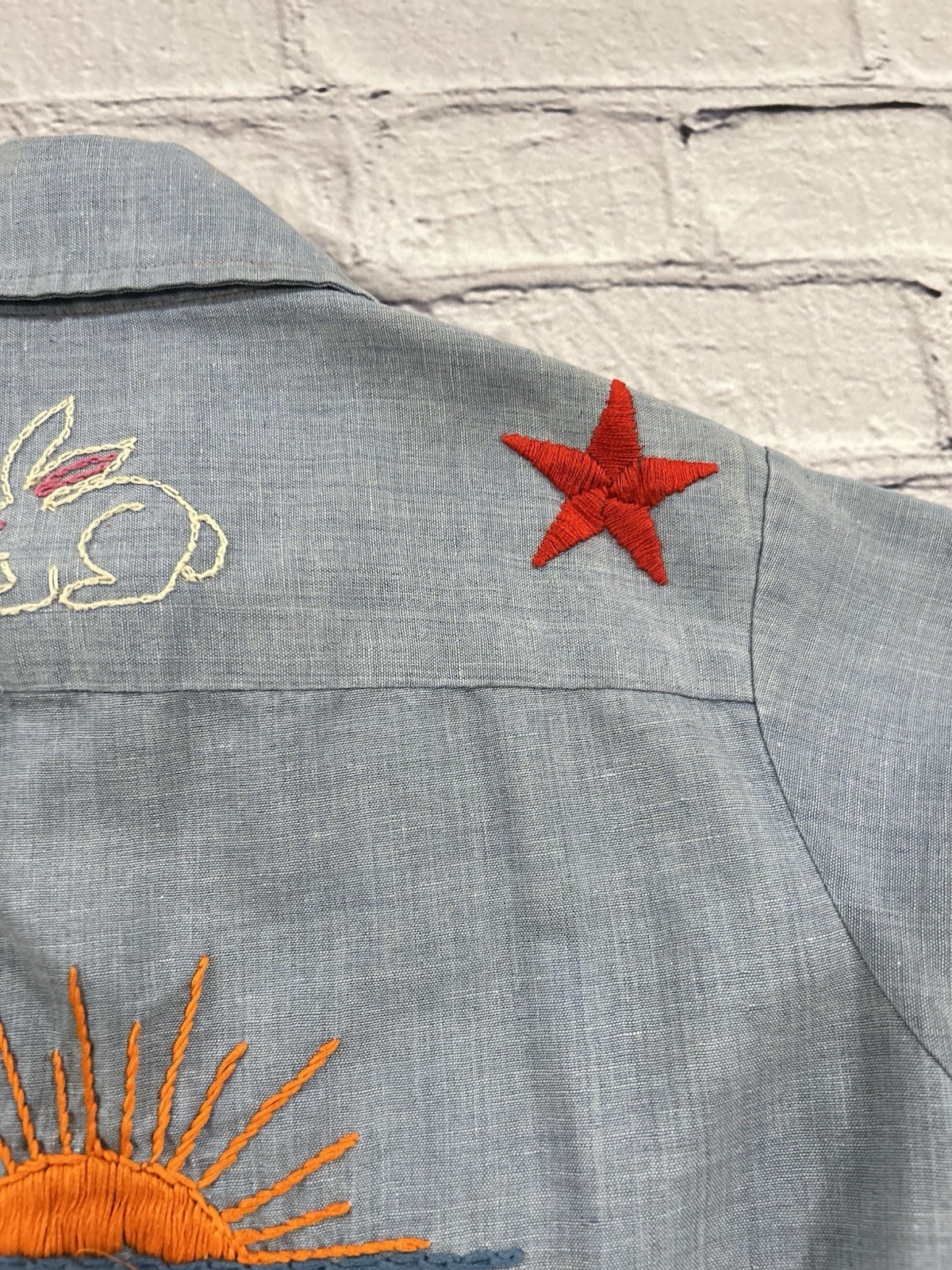 Vtg JCPenney Big Mac Chambray Palm Tree Beach Lady Bug Embroidered Work Shirt