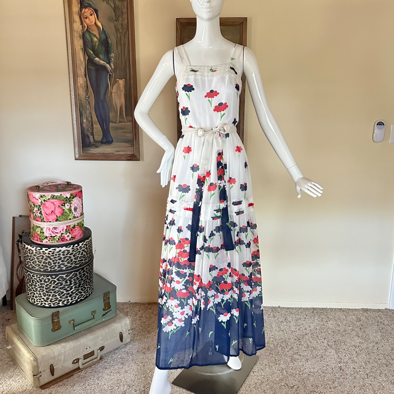 Vintage 1970s Hippie Daisy Garden Maxi Dress Red White & Blue Sundress S