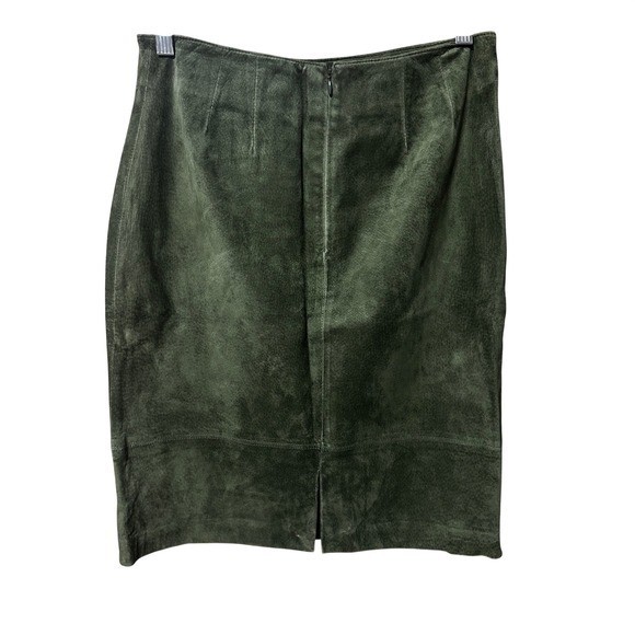 Vintage Y2K Lord & Taylor Olive Green Suede Leather Pencil Midi Skirt Size 6