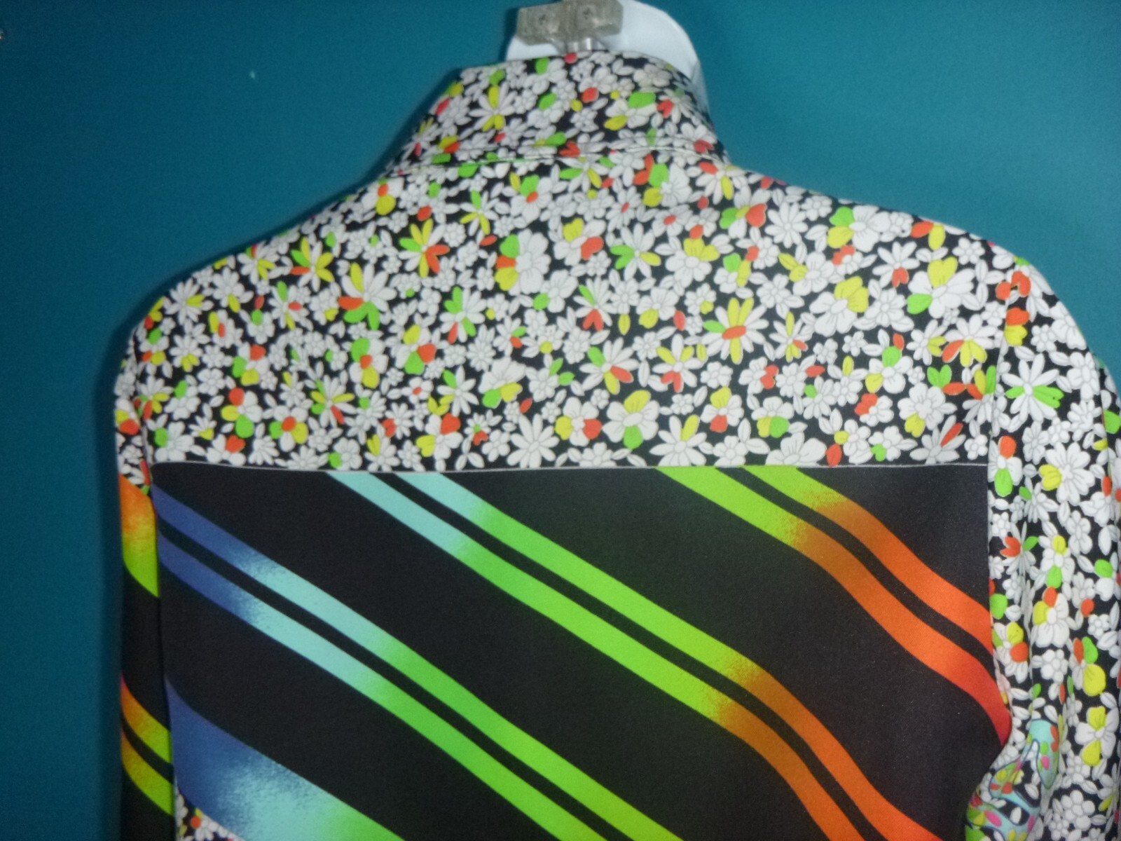 Vtg 70s King James California GROOVY Blouse Shirt MOD Floral Neon Stripes Sz S/M