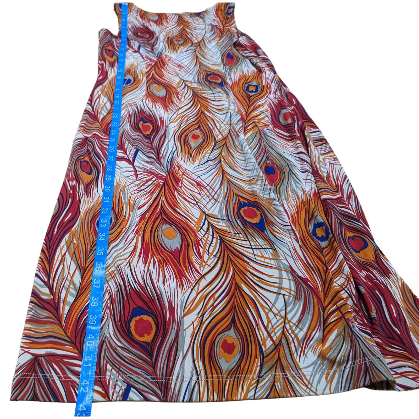 BCBG Dresses Large orange blue Peacock Feather print Vintage Empire Waist Y2K