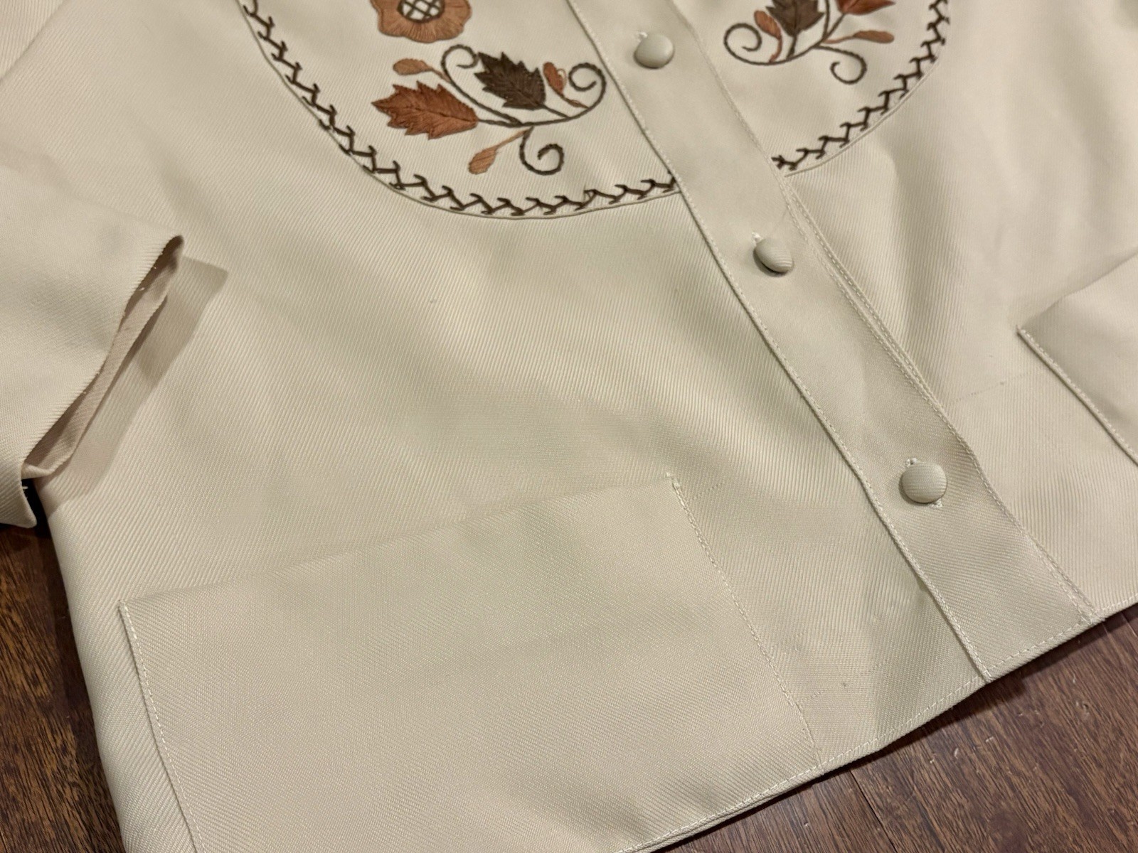 Vintage 60s 70s Embroidered Peasant Folk Shirt Top Bohemian Handmade Tan Button