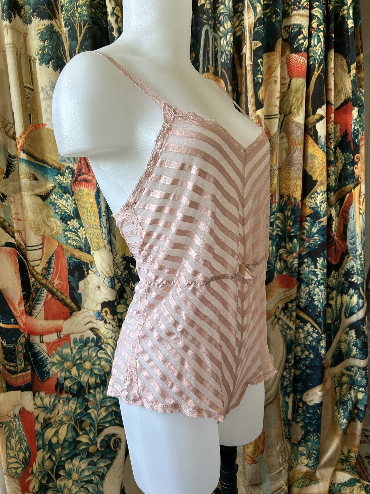 Vintage 70s Lily of France Sz Medium M Pink Sheer Striped Lingerie Romper Teddy