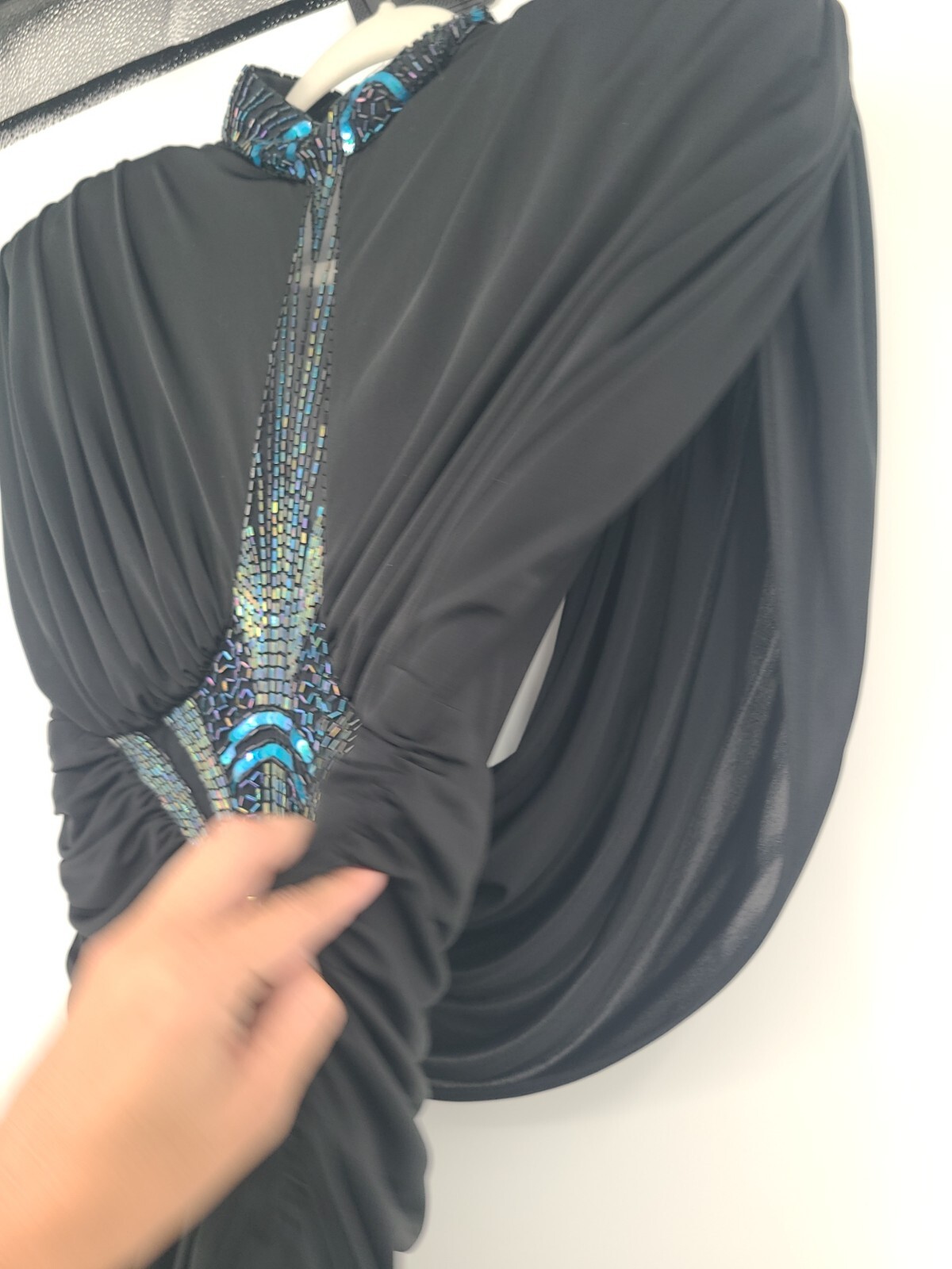 Vintage Eletra Casadei Black Curtain Draped Evening Gown Beaded, Sheer Bodice 10