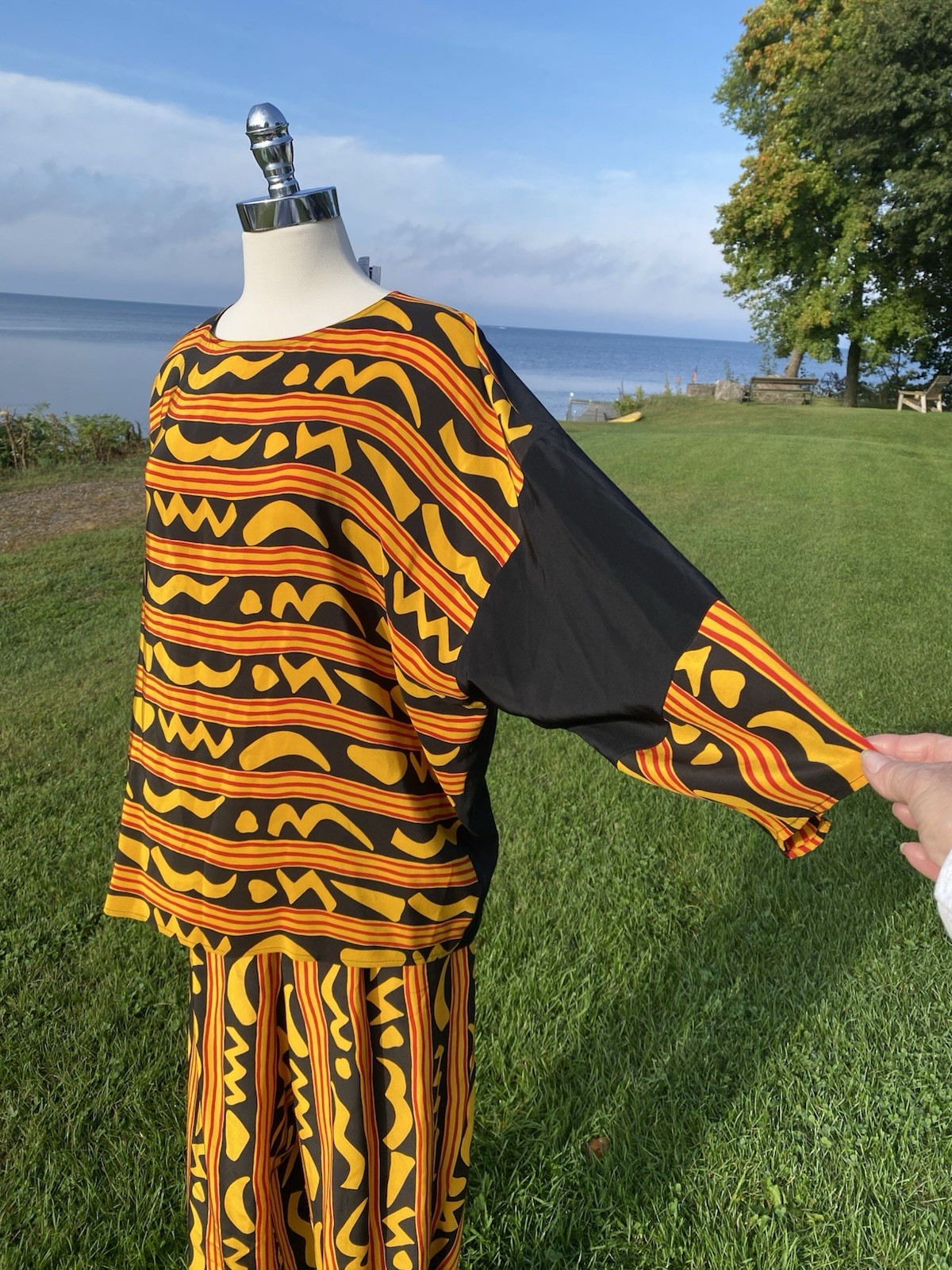 Vtg 1980s Gold Black Geometric Silk Blouse Balloon Pants Size Large To 1X