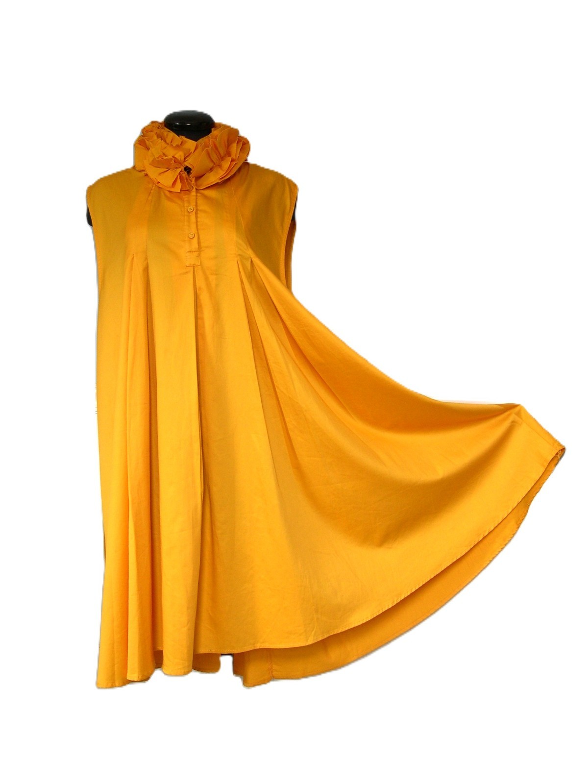 Vintage XL Marigold Cotton Dress • Ruffle Collar •Tent Style • 132″ Hem Sweep