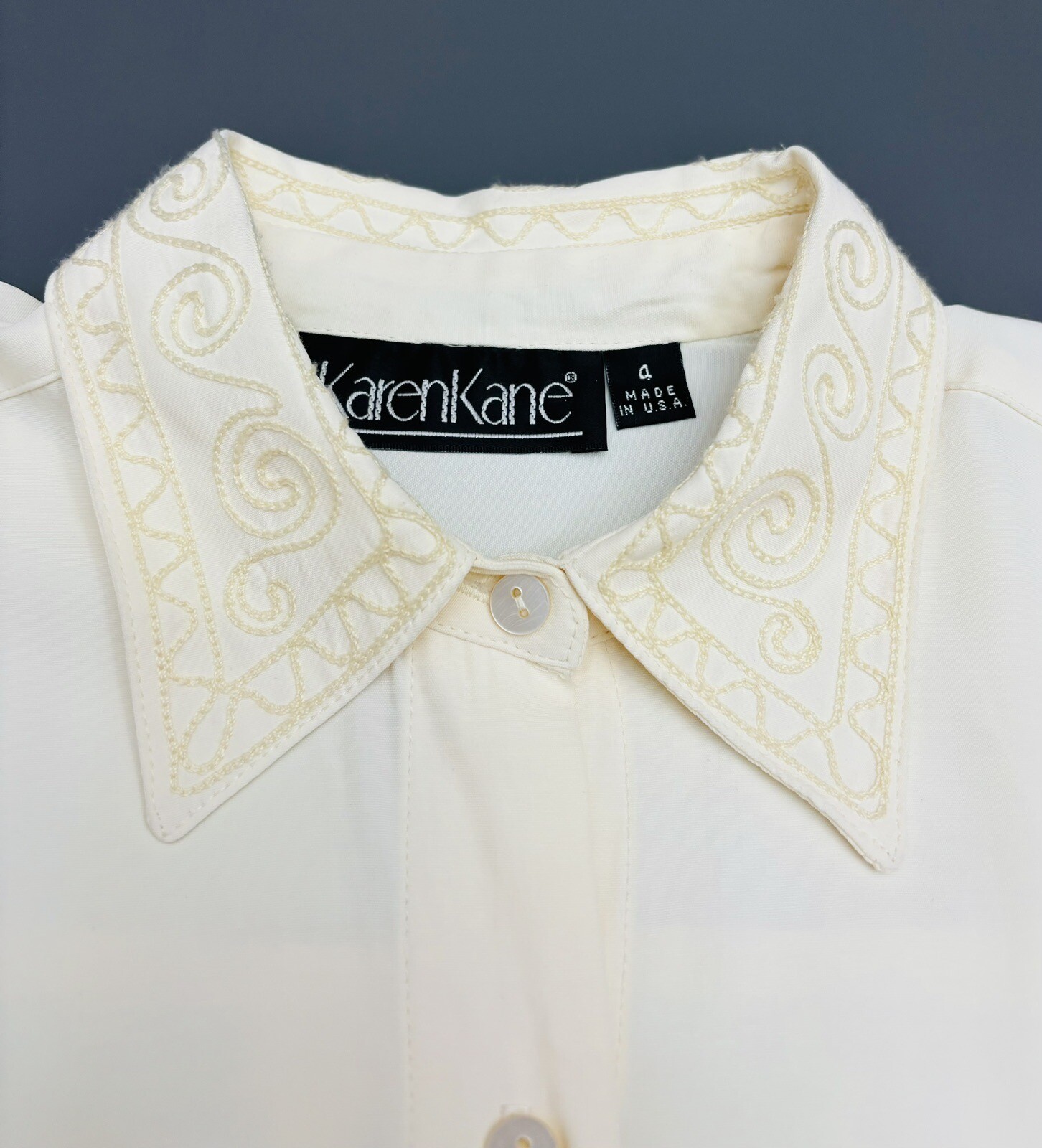 Vintage Embroidered Ivory Blouse Top Sz L 80’s Office Career Secretary Made USA