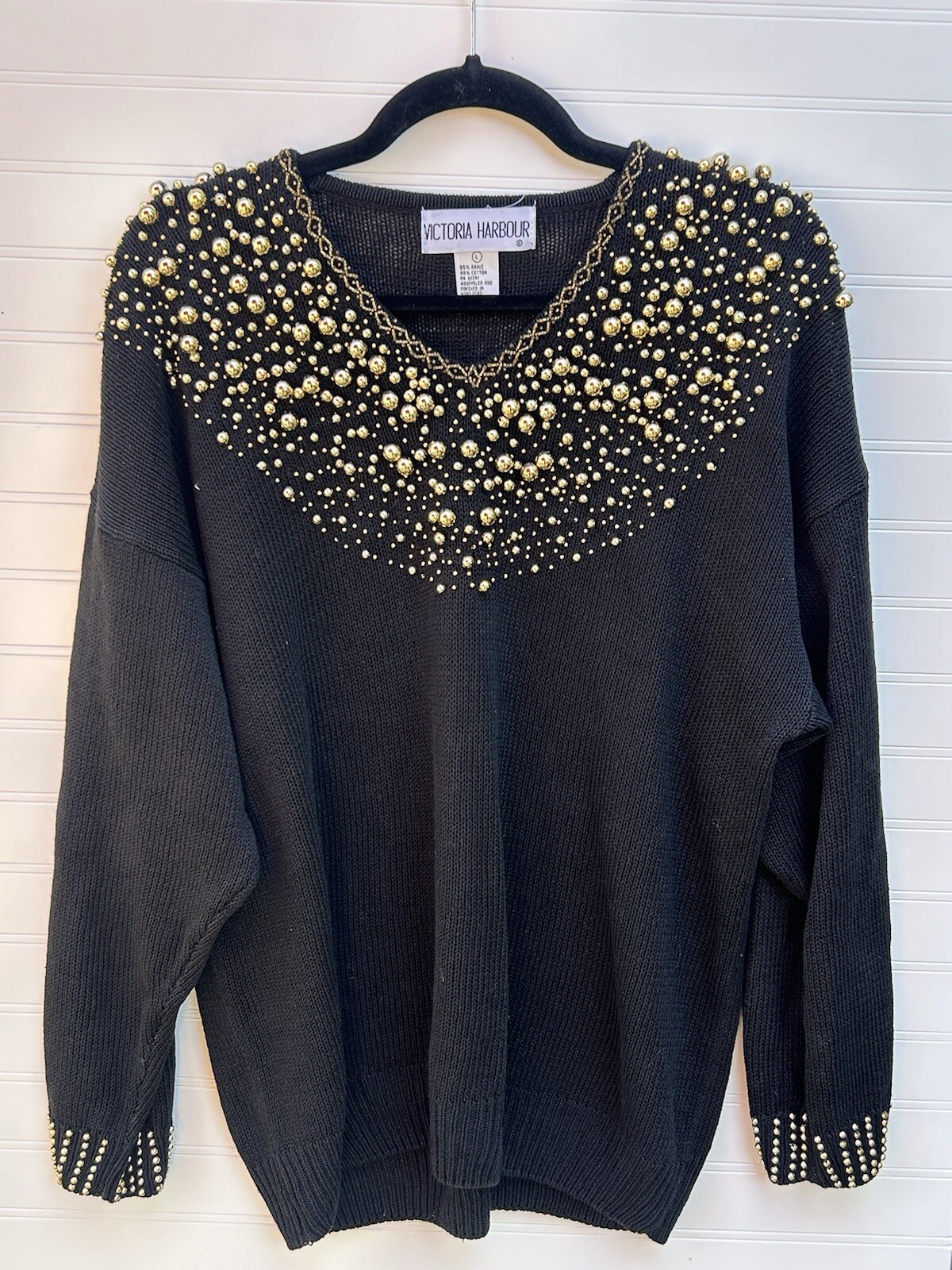 Victoria Harbour Black & Gold 1980’s Ramie Blinged Out Sweater Mob Wife SZ L