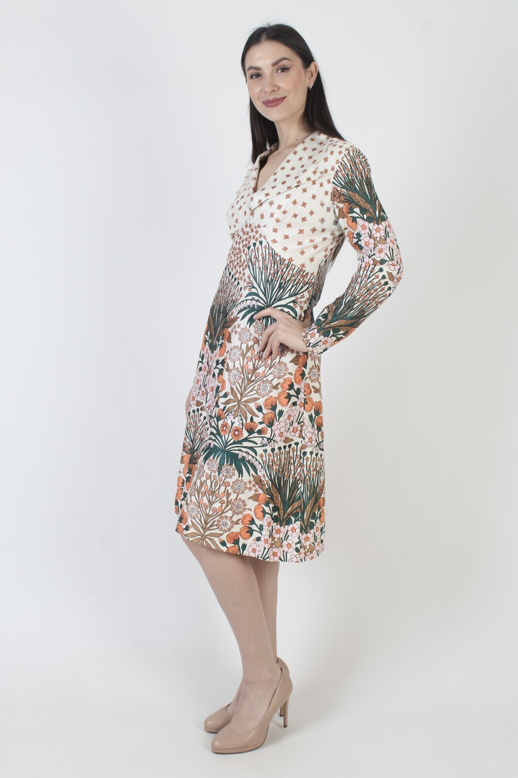 Vtg 60s Floral Print Dress Dagger Collar Nature Knee Length Cocktail Nature