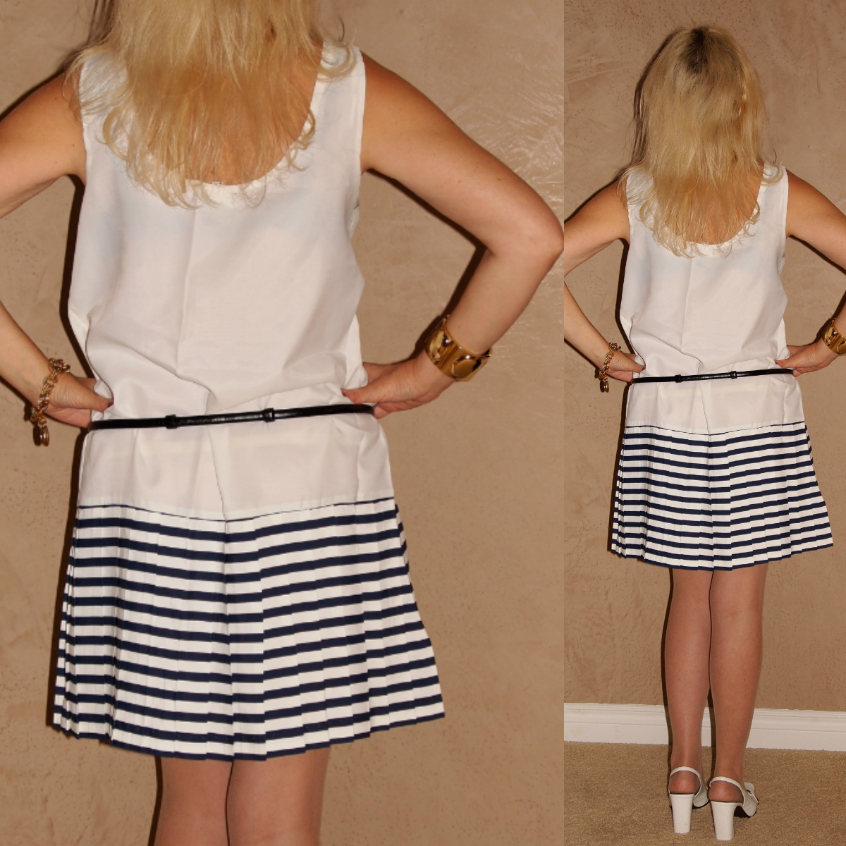 Vintage 50-60s SAILOR Nautical STRIPED White Navy PLEATED Mini PINUP Dress