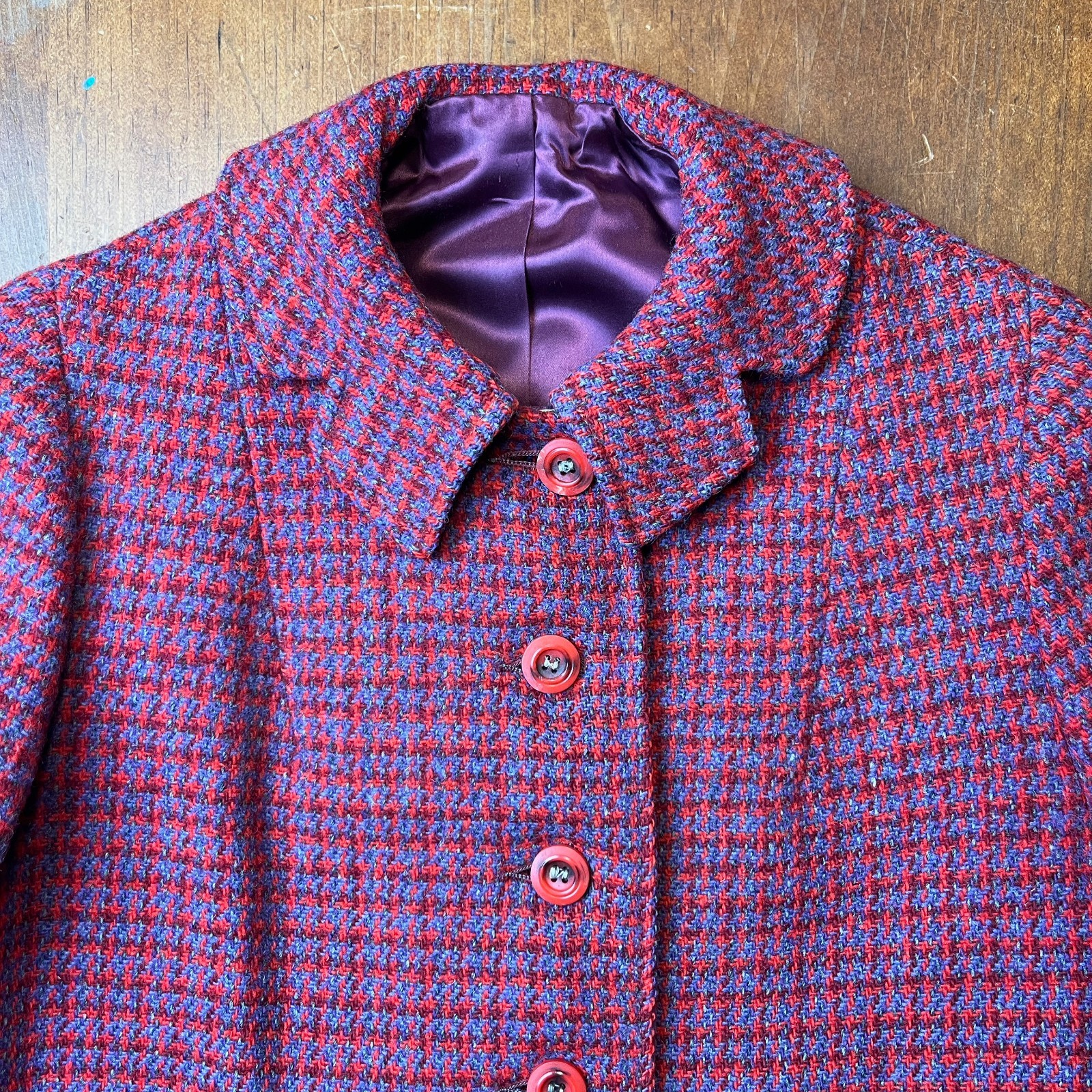 Harris Tweed Coat True Vintage 60s Women S/M Scottish Wool Red Purple Grandma
