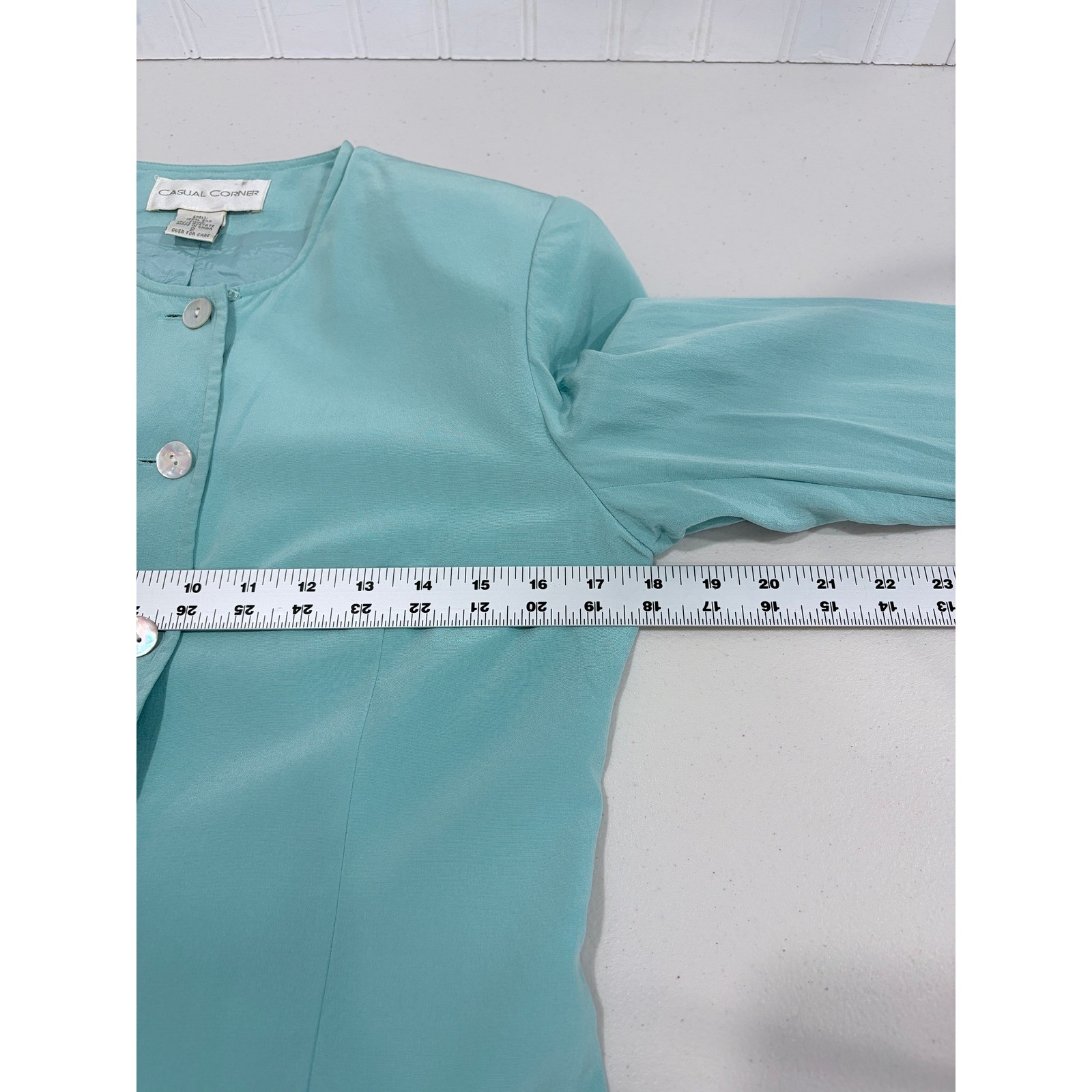 Vintage Casual Corner 100% Silk Button Front Blouse Aqua Turquoise Lined Size 2