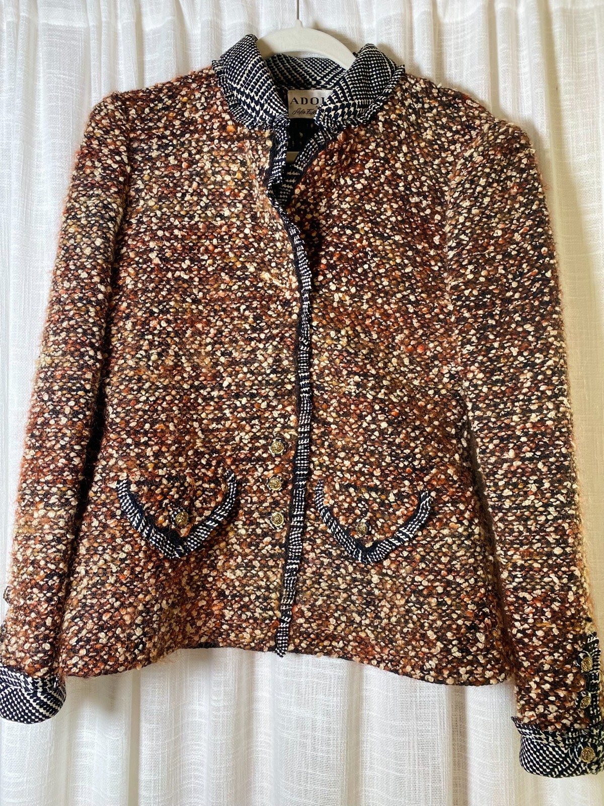Vintage ADOLFO Suit Jacket Wool Blend Knit Boucle Orange/Brown Tweed Saks | 6-8