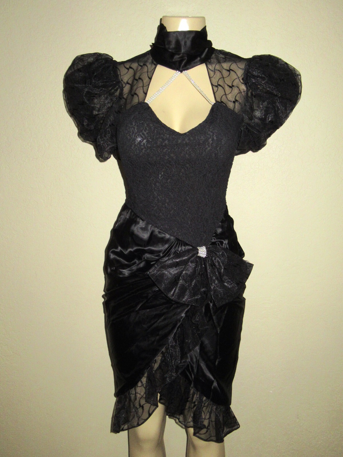 1980s JE WOO’S Hanna Lee Black Dress size S 5/6 puff sleeve satin wiggle