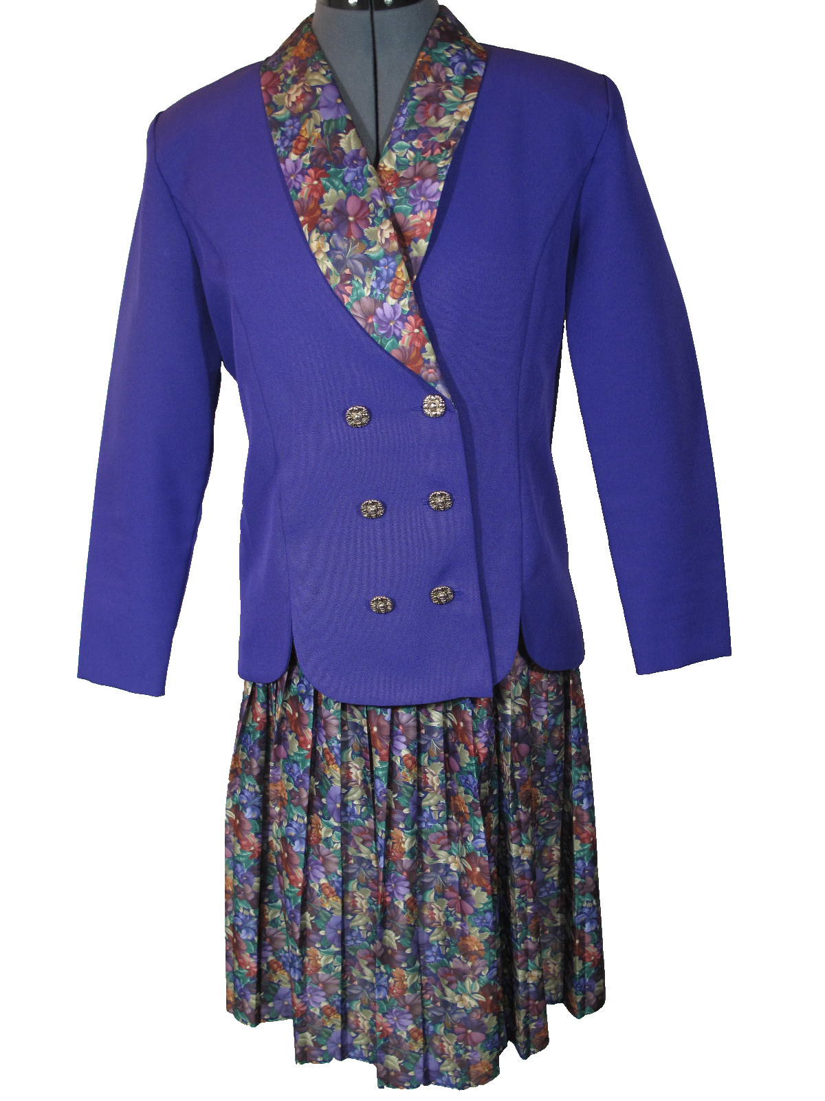 Vtg 80s Good Times Suit Sz 8P 2Pc Set Purple Blazer & Floral Skirt Cottage Core