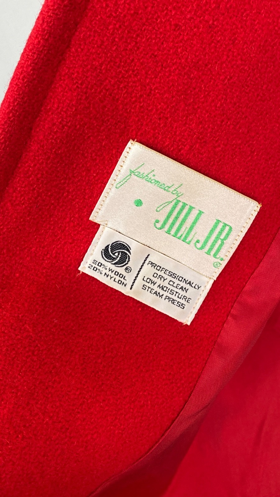 Vintage 1970s red wool trench coat jacket XS S long collar pea pockets JILL JR