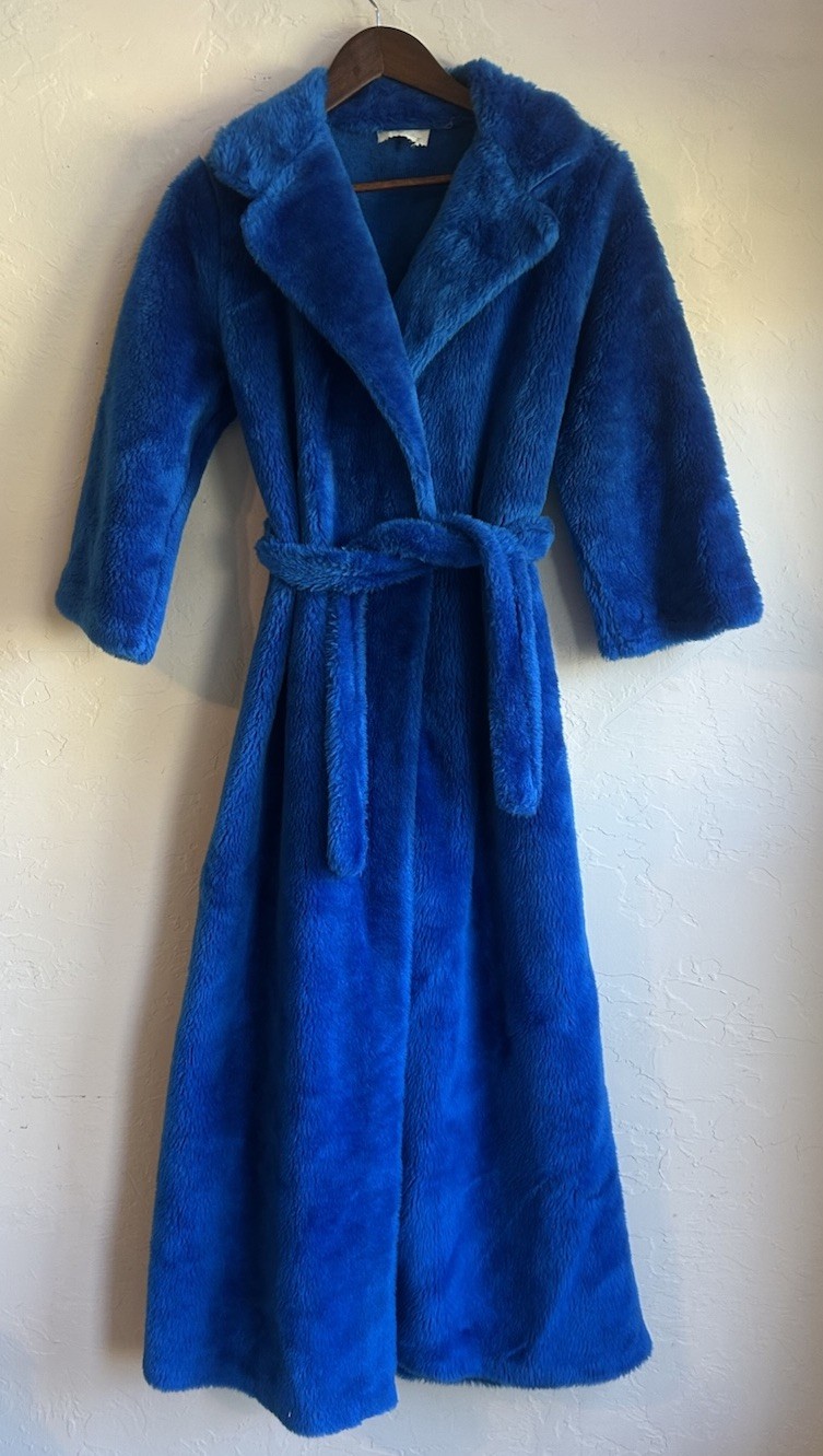 Vintage 70s Faux Fur Maxi Coat 12 Electric Blue Mod Belted Wrap Robe Boho Glam