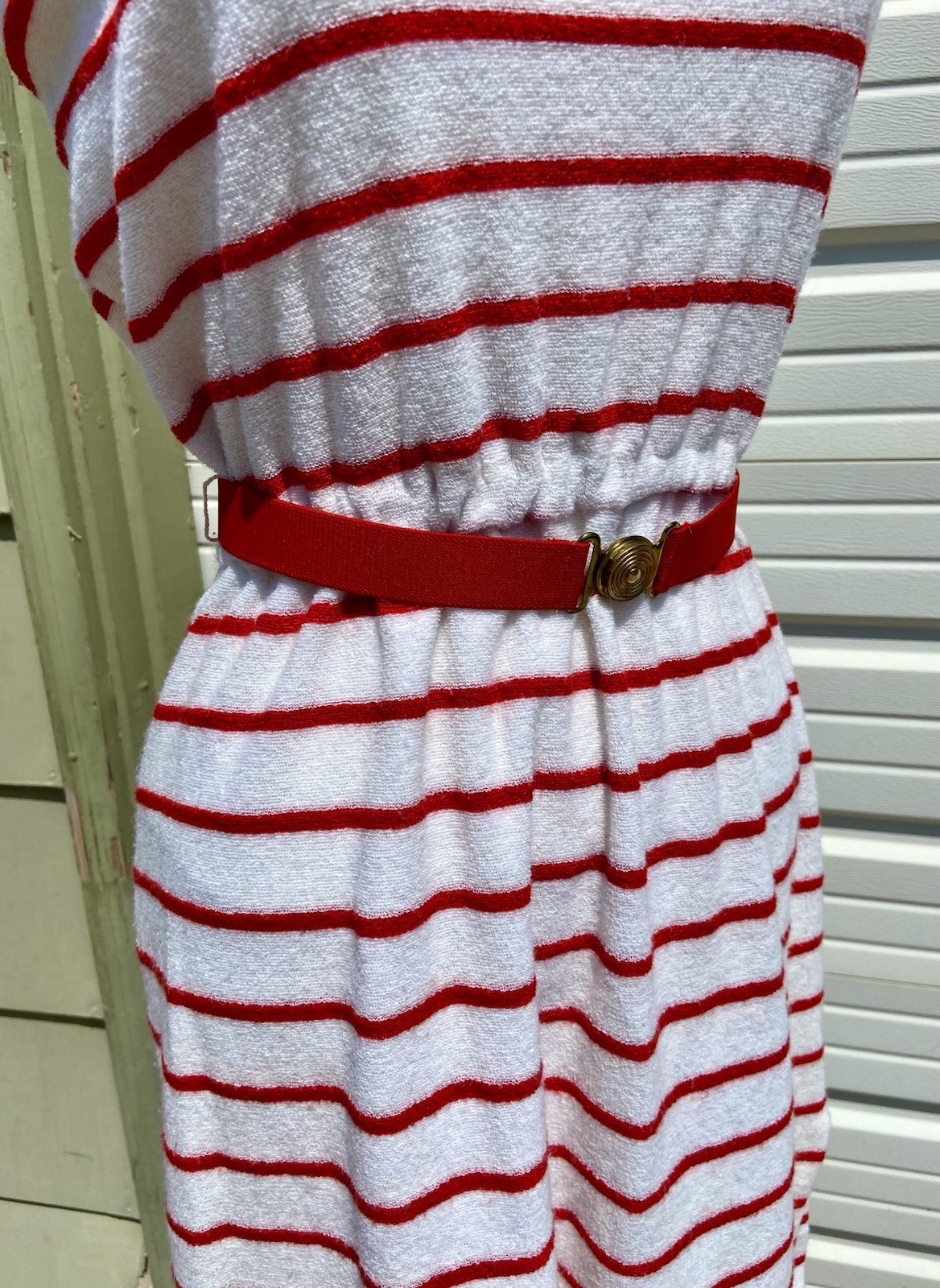 Vintage Auth 70’s Strapless Terry Cloth Tube Top Striped Red White Belt Dress