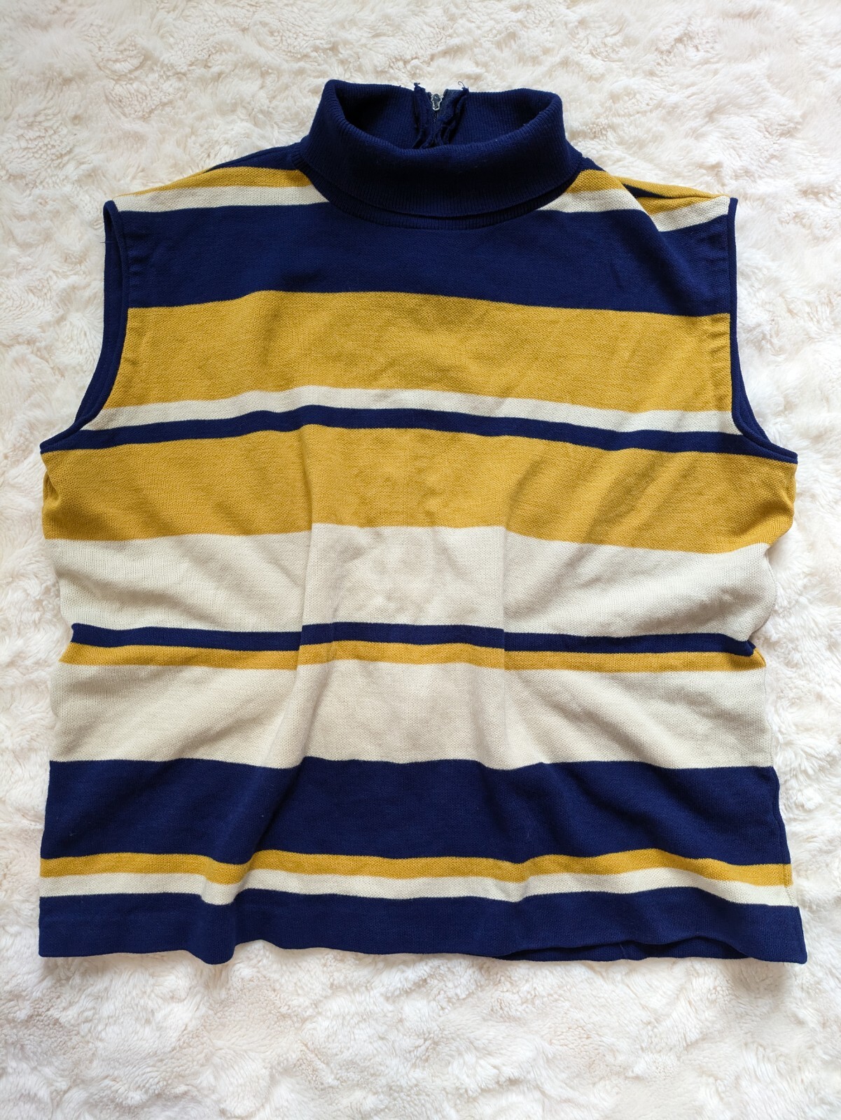 Vintage Mod Mock Neck Sleeveless Knit Layering Top Blue Yellow Stripes Large