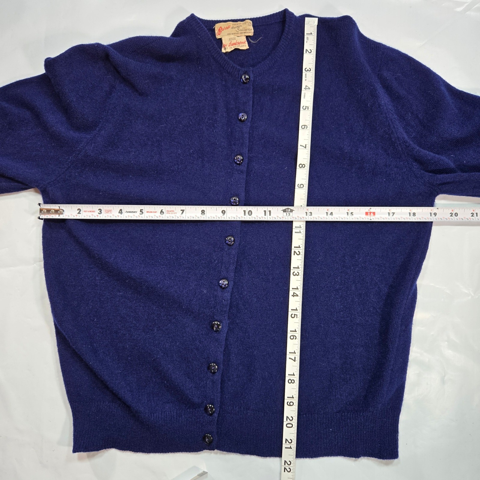 Vtg Barrie for Marty Sullivan Navy Blue 100% Lambswool Cardigan Made in Scotland