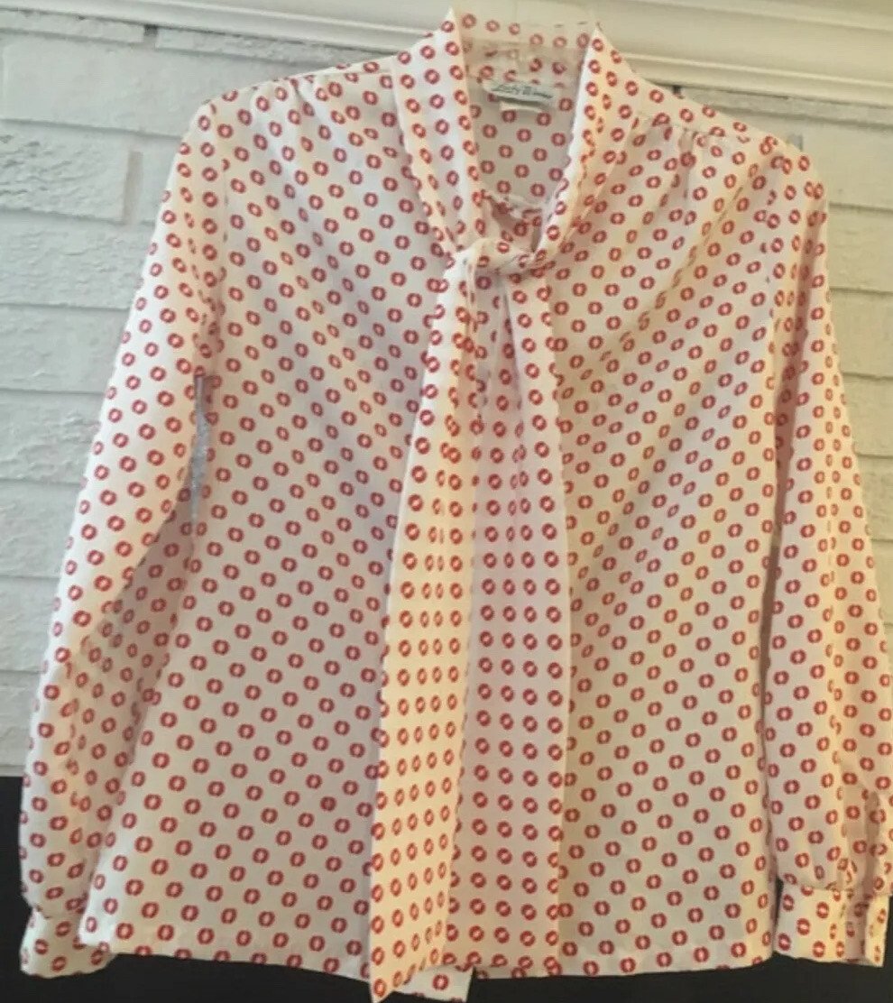Vintage Lucky Winner Blouse Top Attached Skinny Tie Scarf White Red Design M