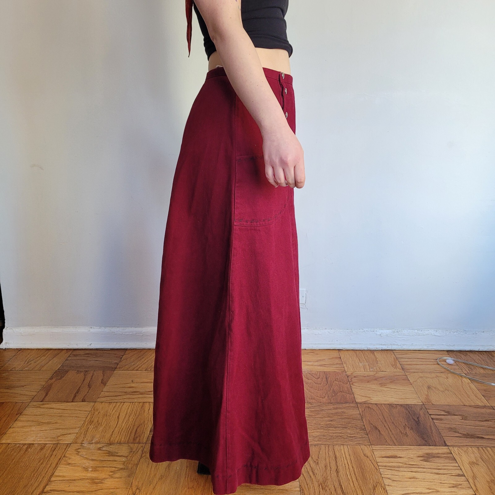 Vintage Maroon Wide Leg Bell Bottom High Waist Pant Hippy Rave 24″ Bell Size 29
