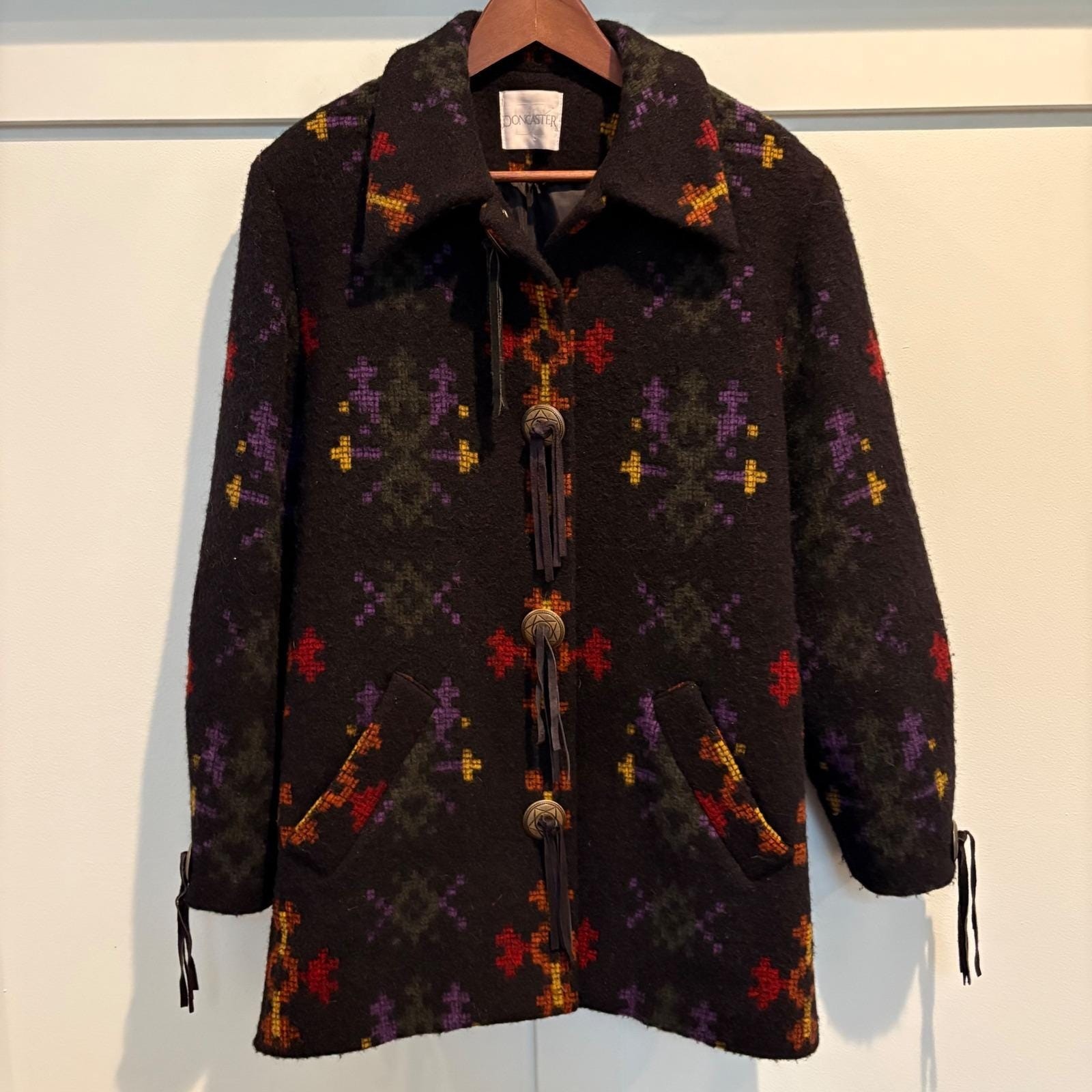 Vtg Doncaster Wool Blend Coat Women 8 Black Southwest Concho Fringe Aztec Navajo